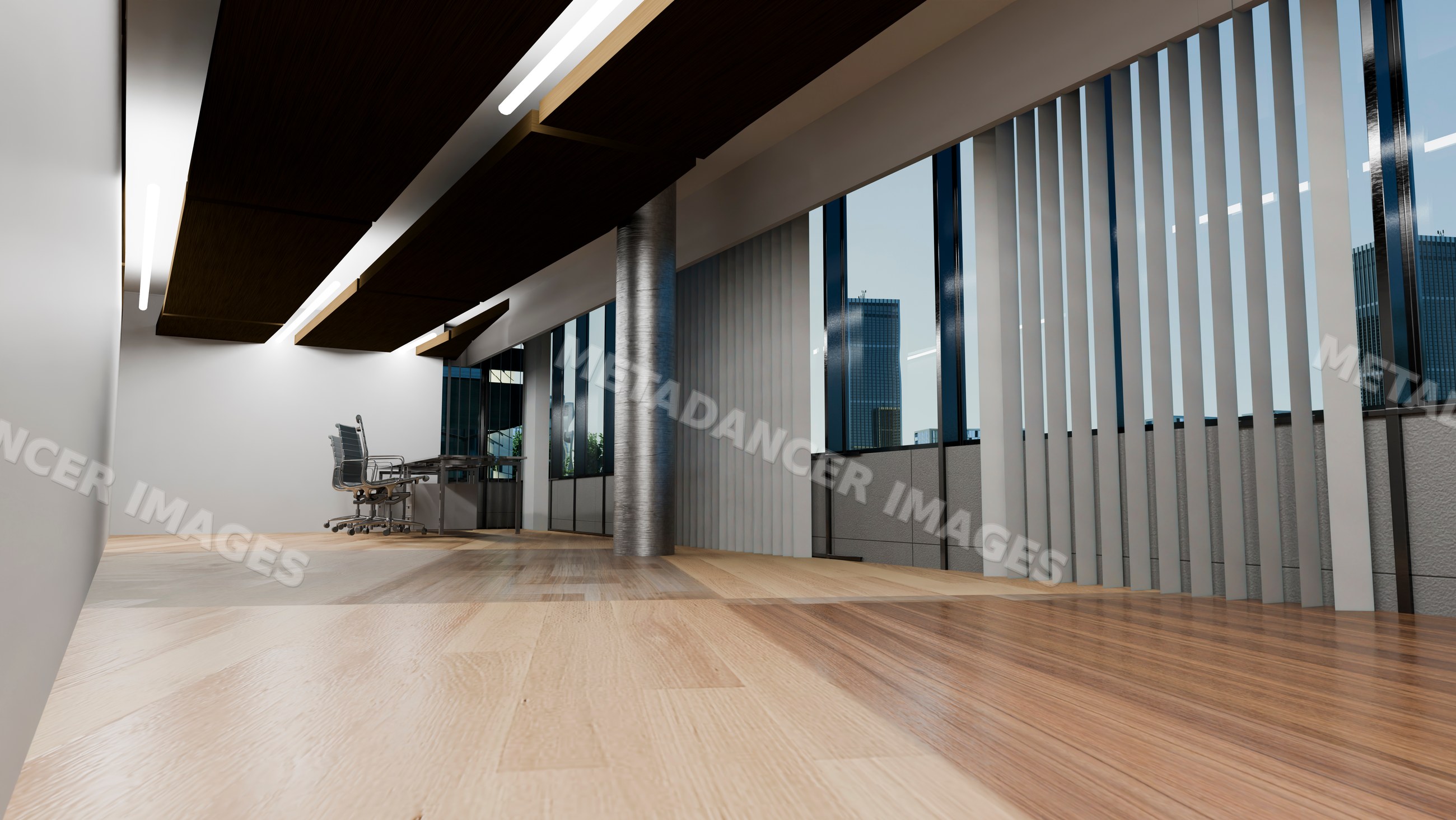 Empty modern office interior with wooden floor and city views