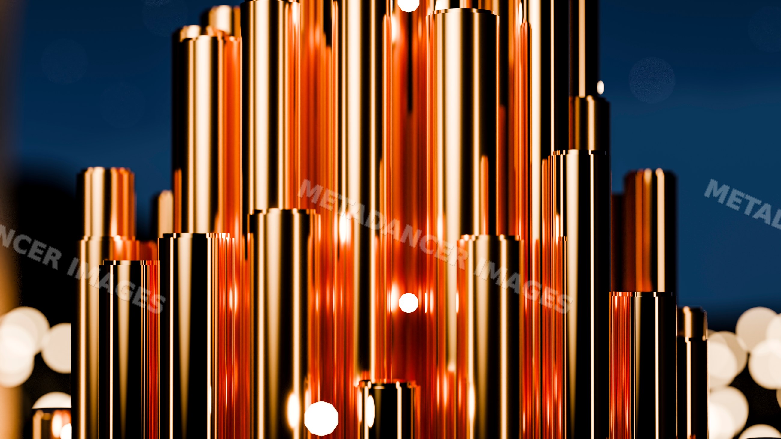 Abstract golden vertical metal tubes with glowing reflections
