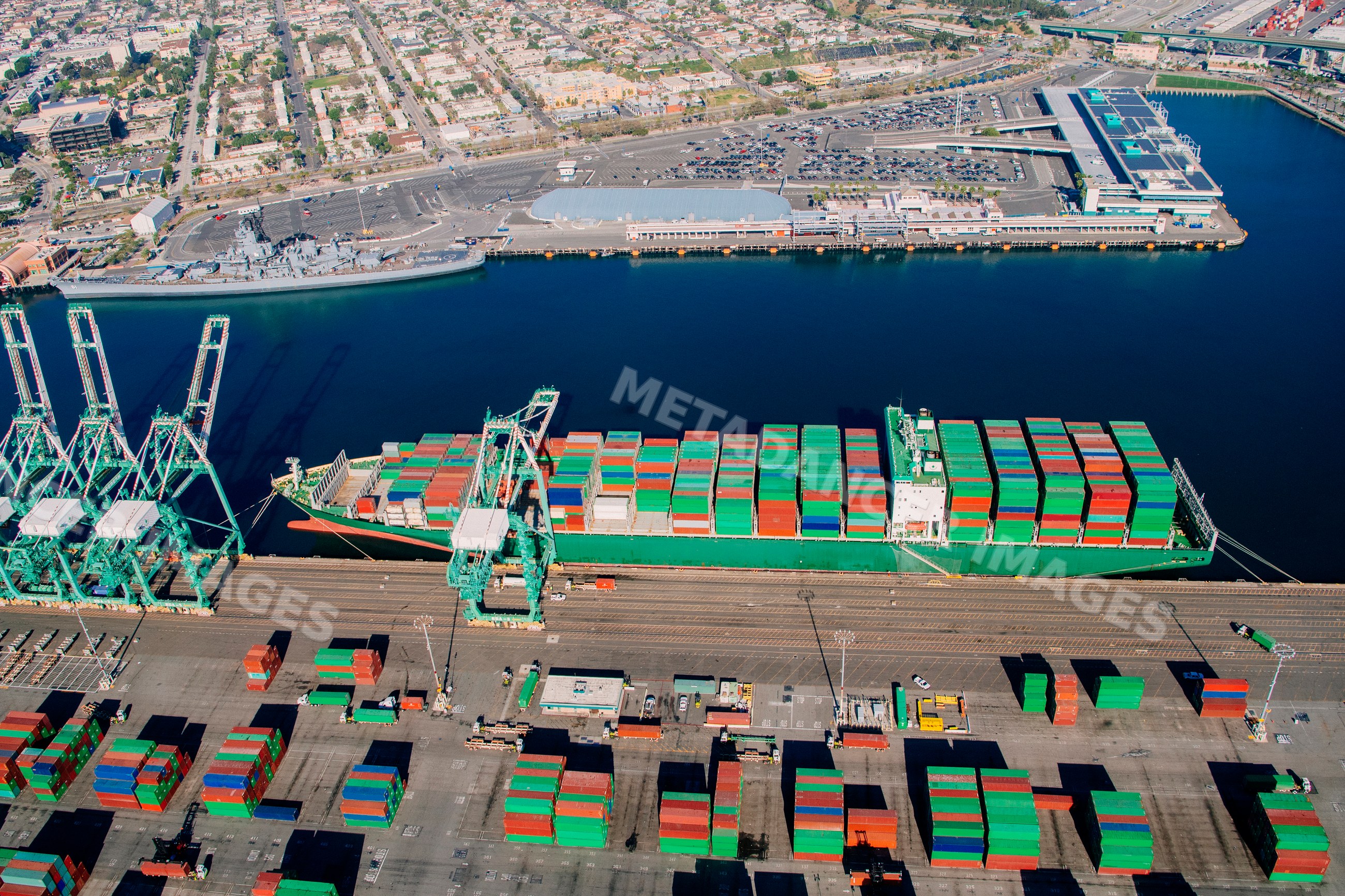 Container ship with shipping containers at a major port