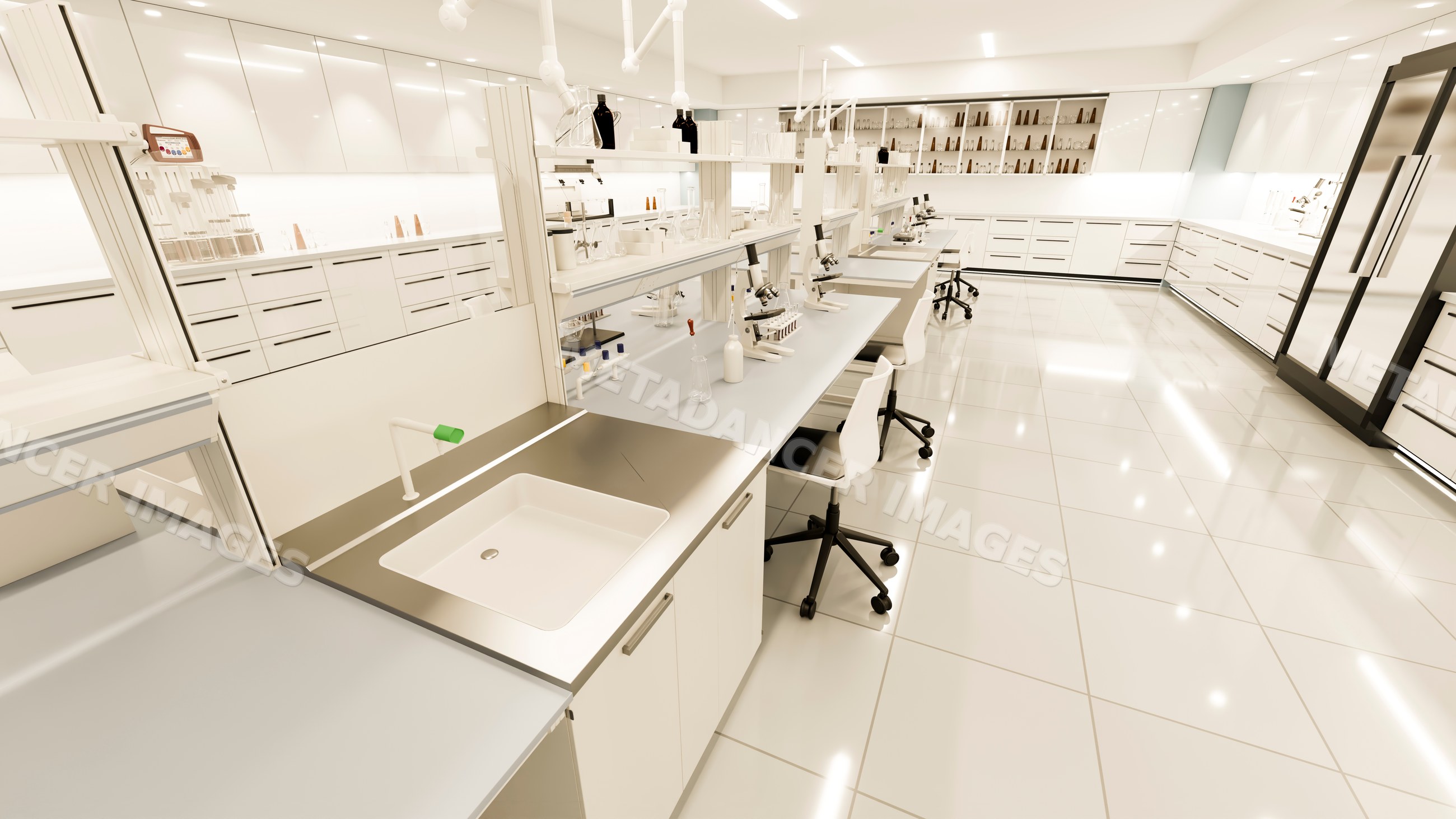 Modern laboratory interior with workstations and microscopes