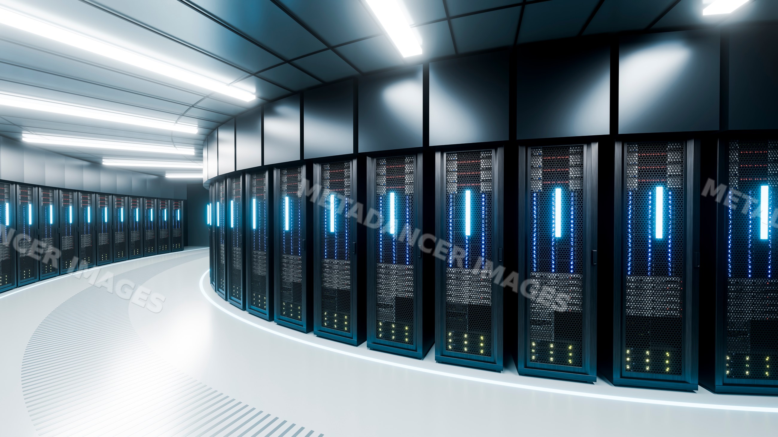 Server racks aligned in a modern data center room with illuminated