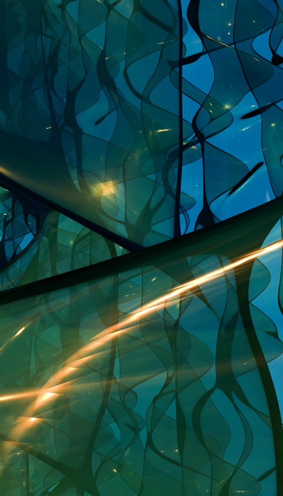 Translucent green fabric with abstract patterns and sunlight