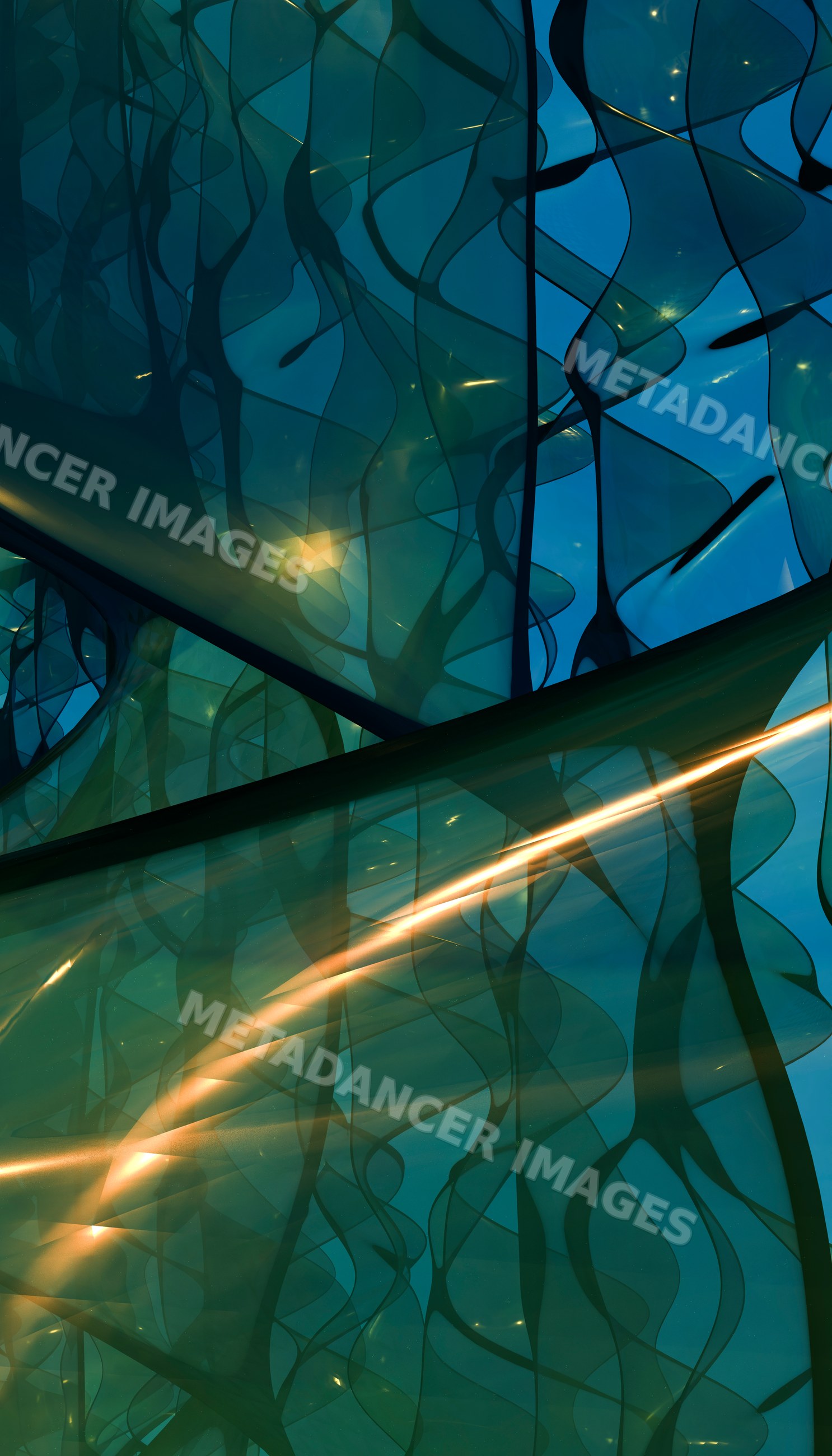 Translucent green fabric with abstract patterns and sunlight