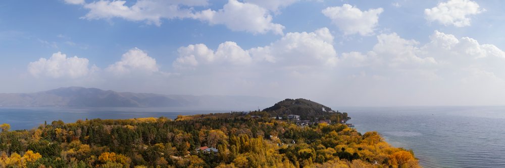 Lake Sevan autumn landscape from sevanavank monastery