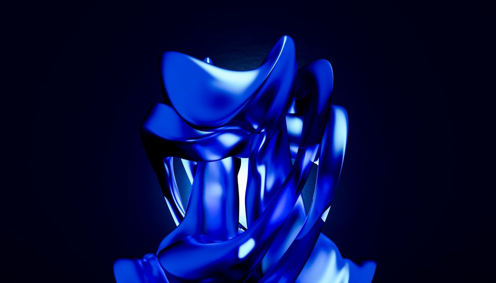 Abstract blue modern sculpture with smooth flowing curved shapes