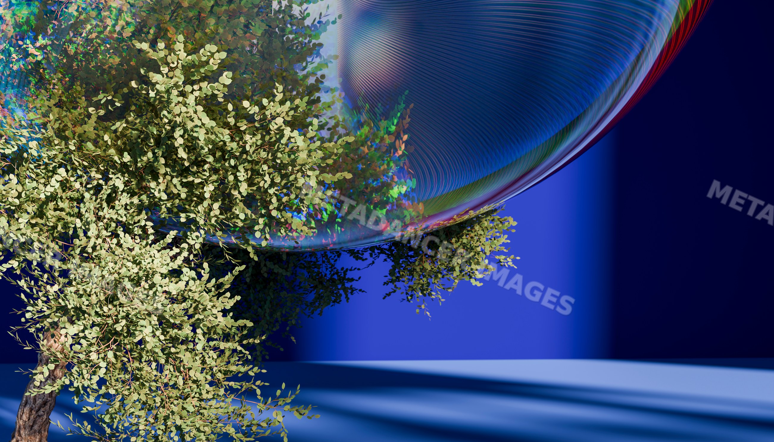 A tree partially reflected in a large bubble with a blue background
