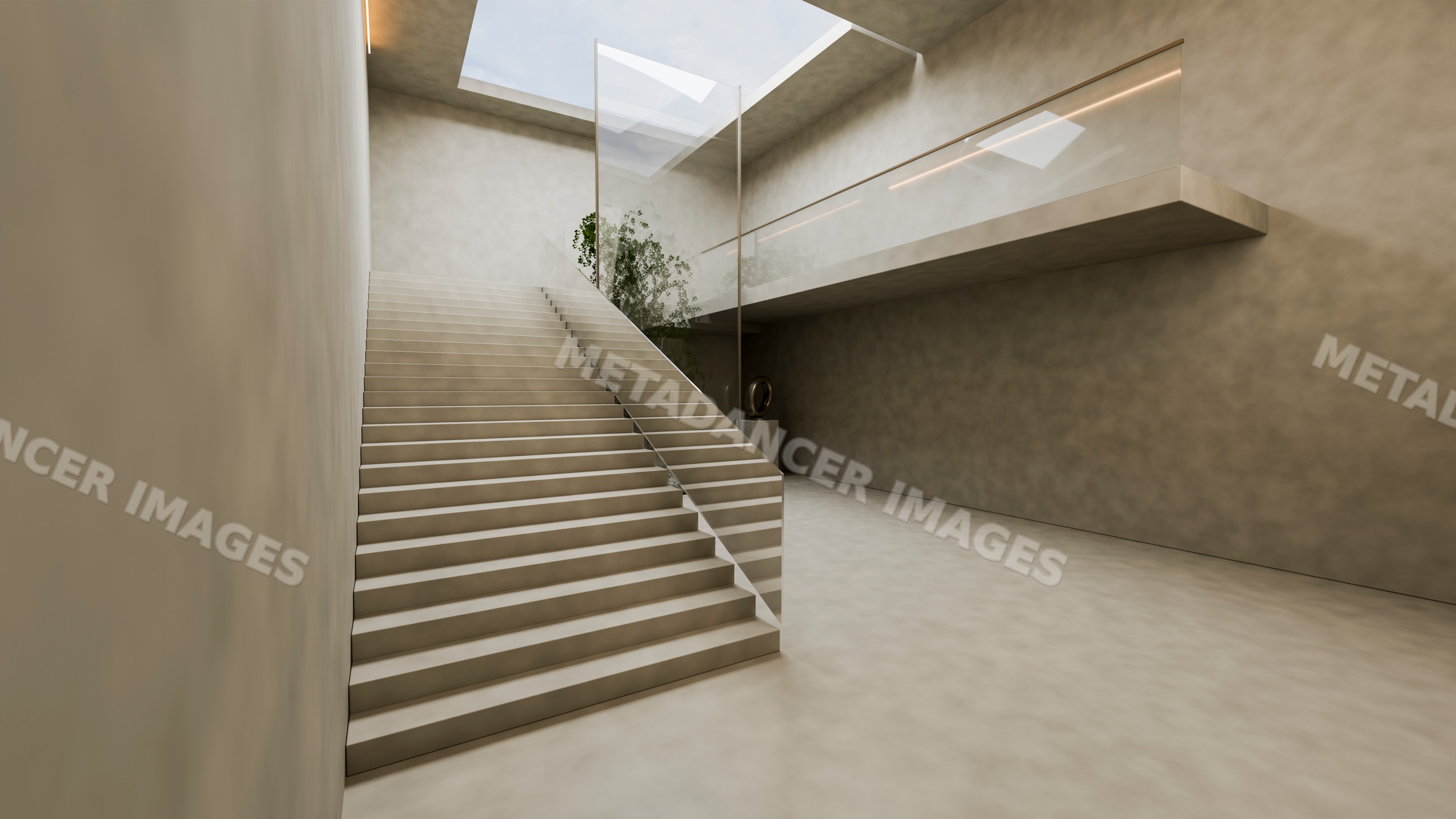 Modern staircase with glass railing in bright minimalist interior