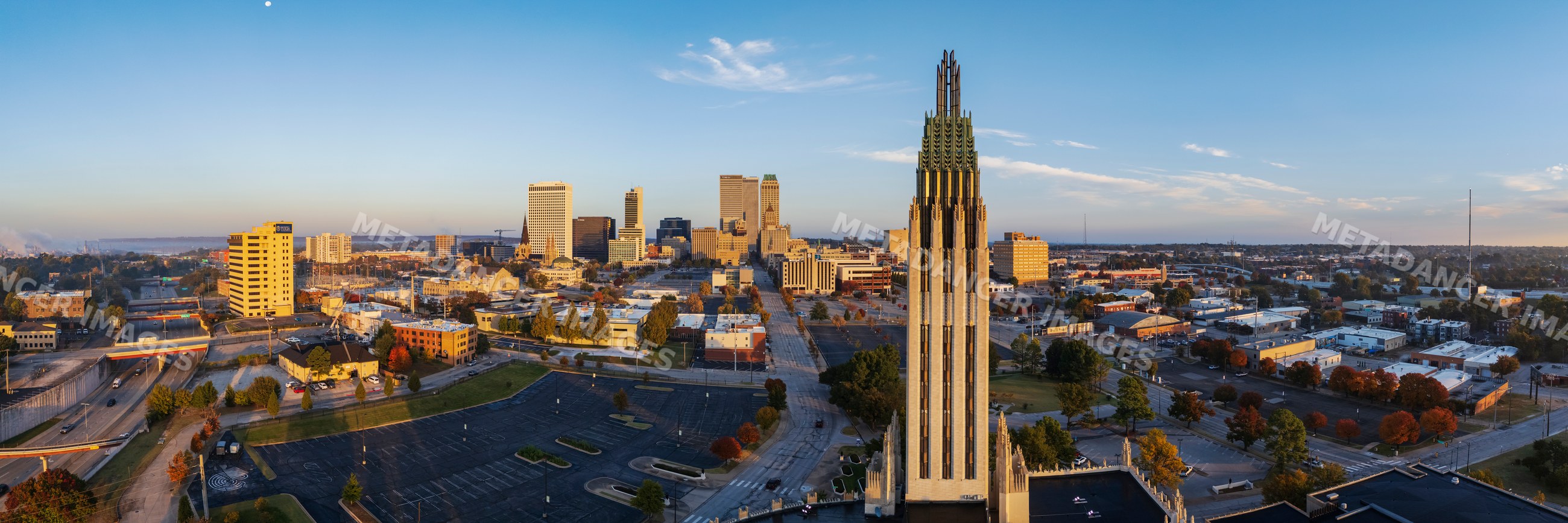 Tulsa skyline at Sunrise with downtown buildings and tower