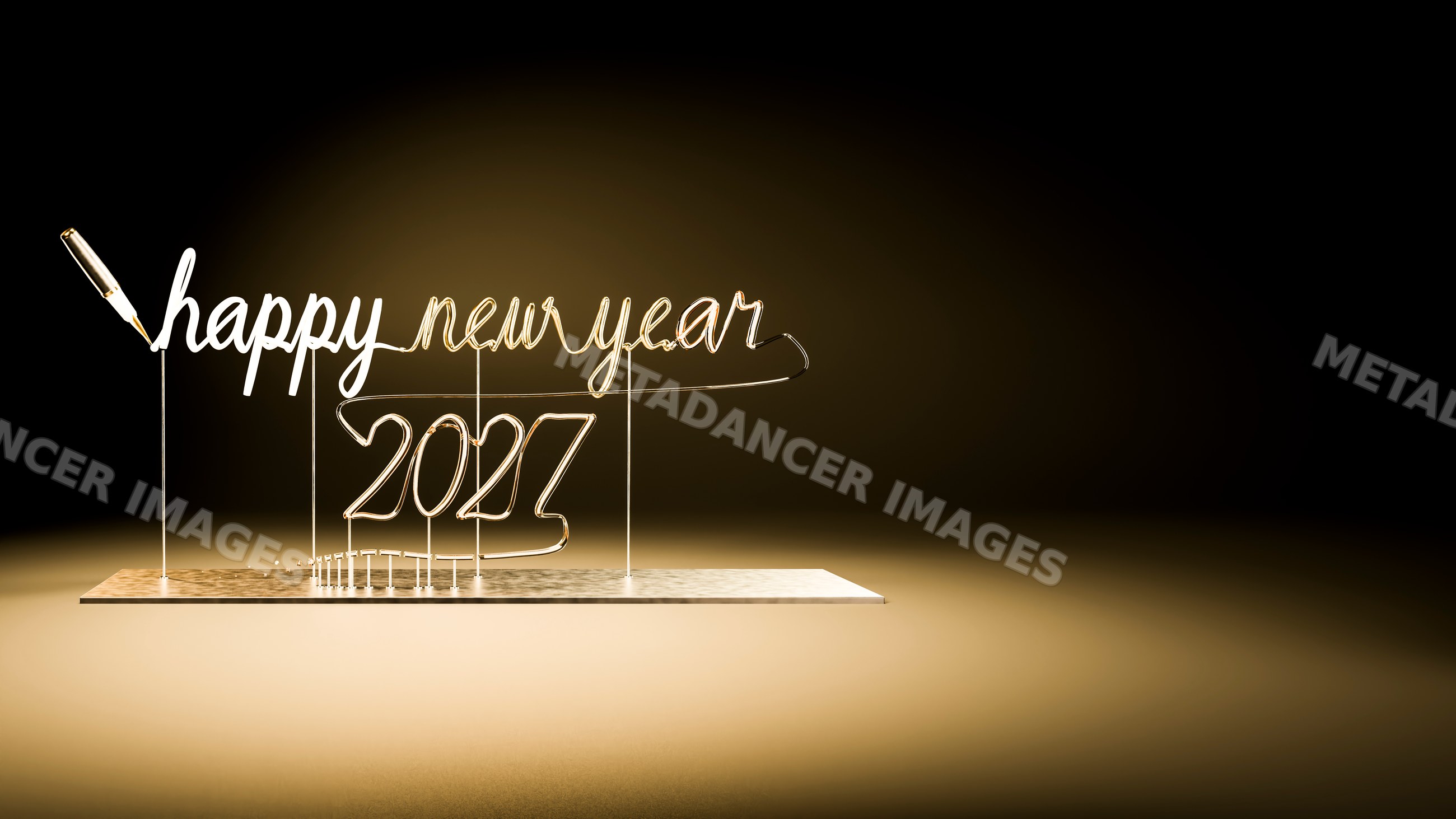 Gold wire sign spelling happy new year 2027 with pen