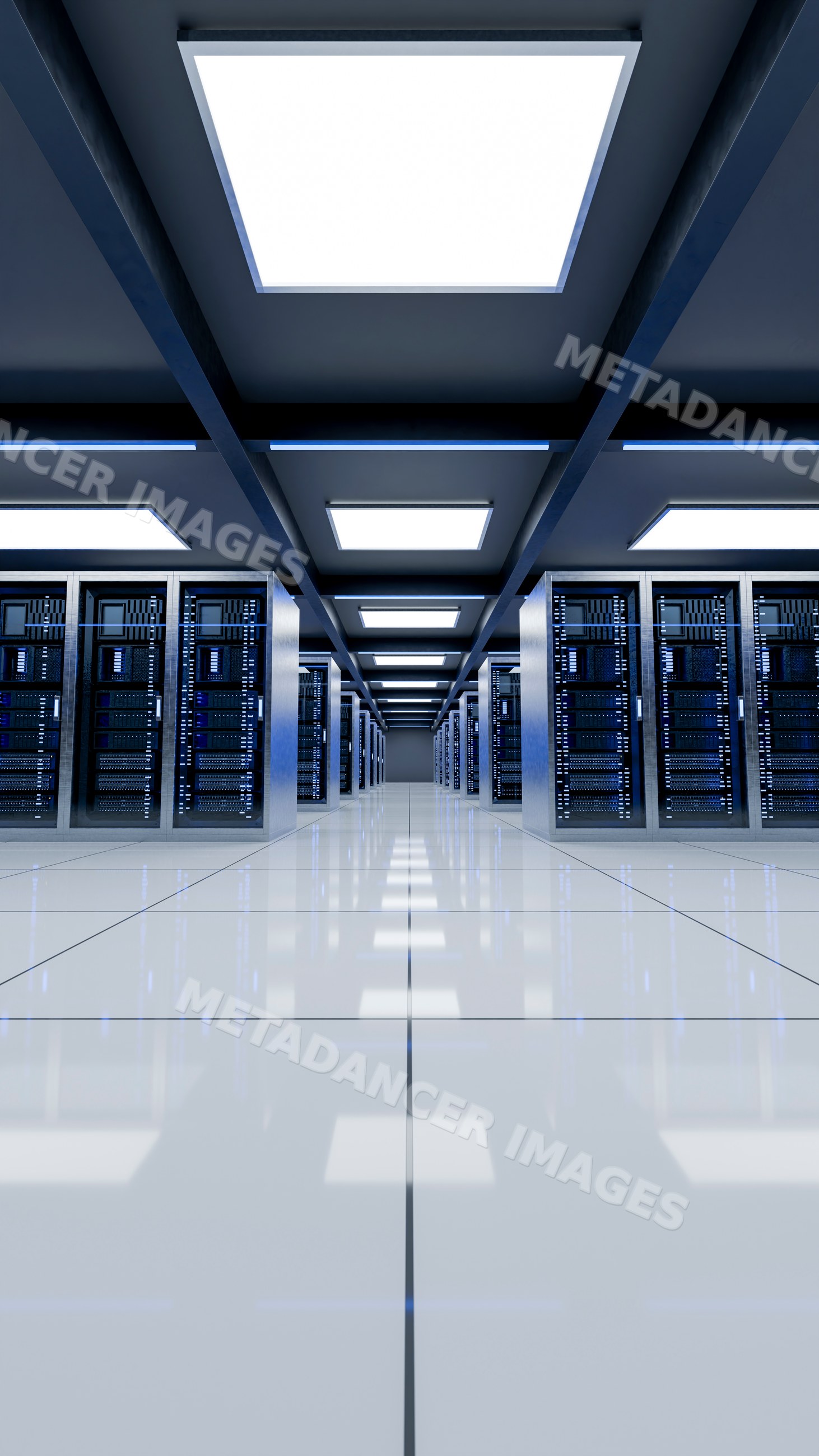 Computer servers in a modern data center with illuminated ceiling