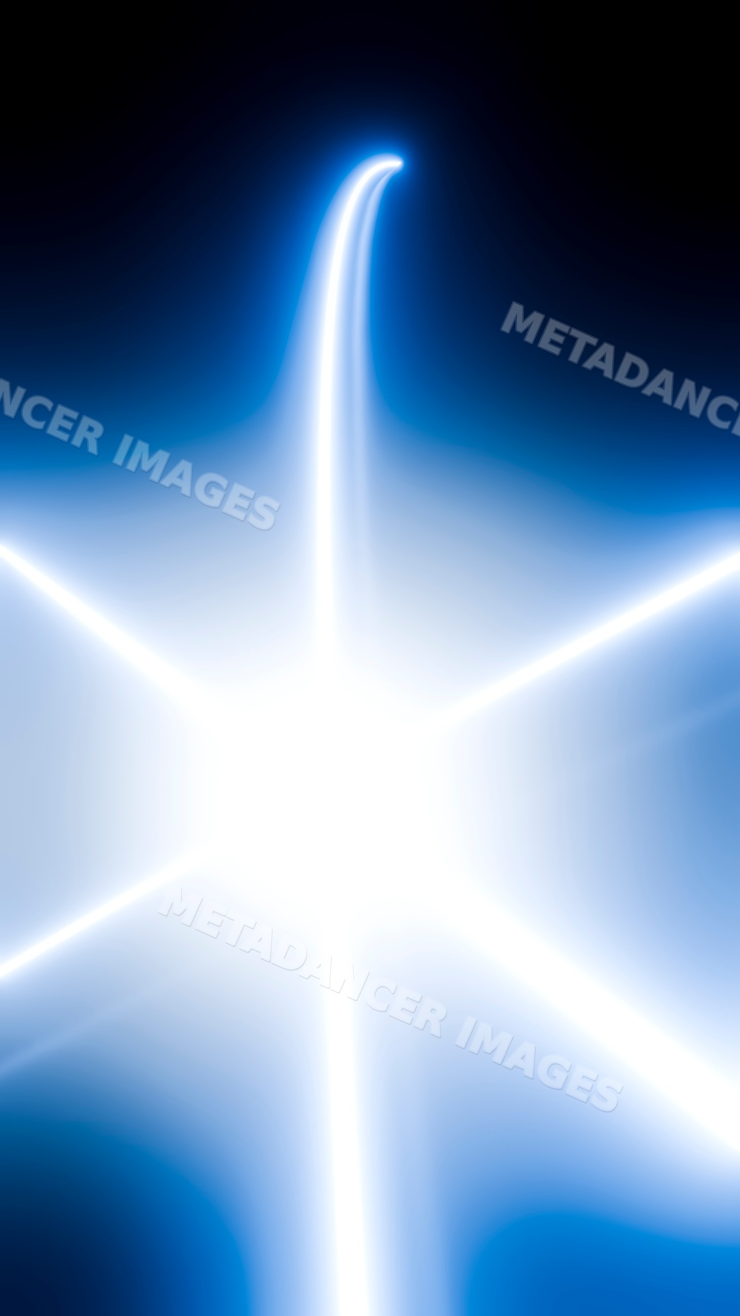 Bright radial starburst of white and blue light beams