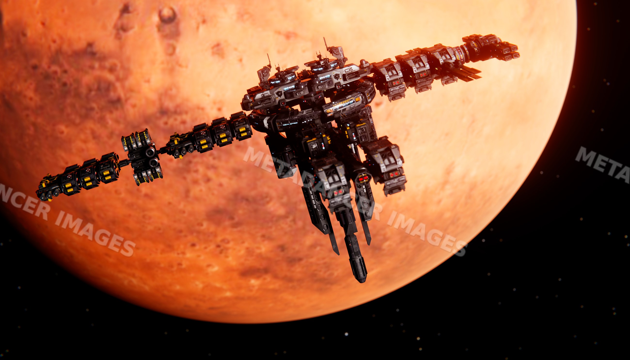 A futuristic space station orbiting a red planet in outer space