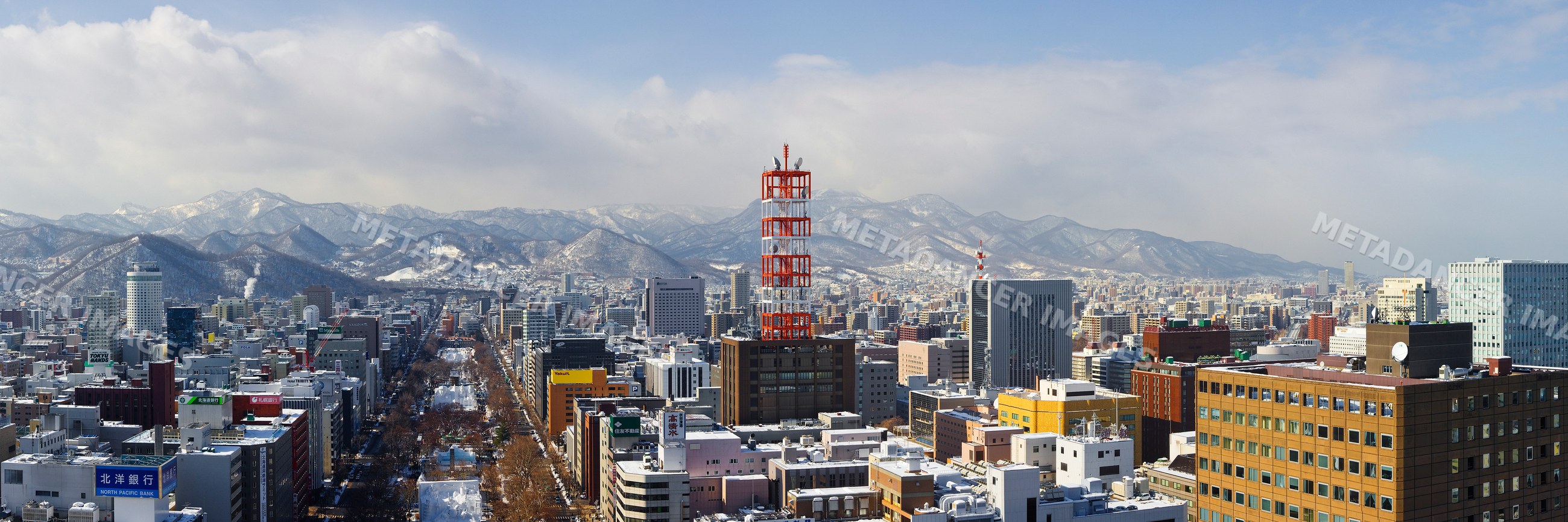 City skyline of sapporo with snow-covered mountains