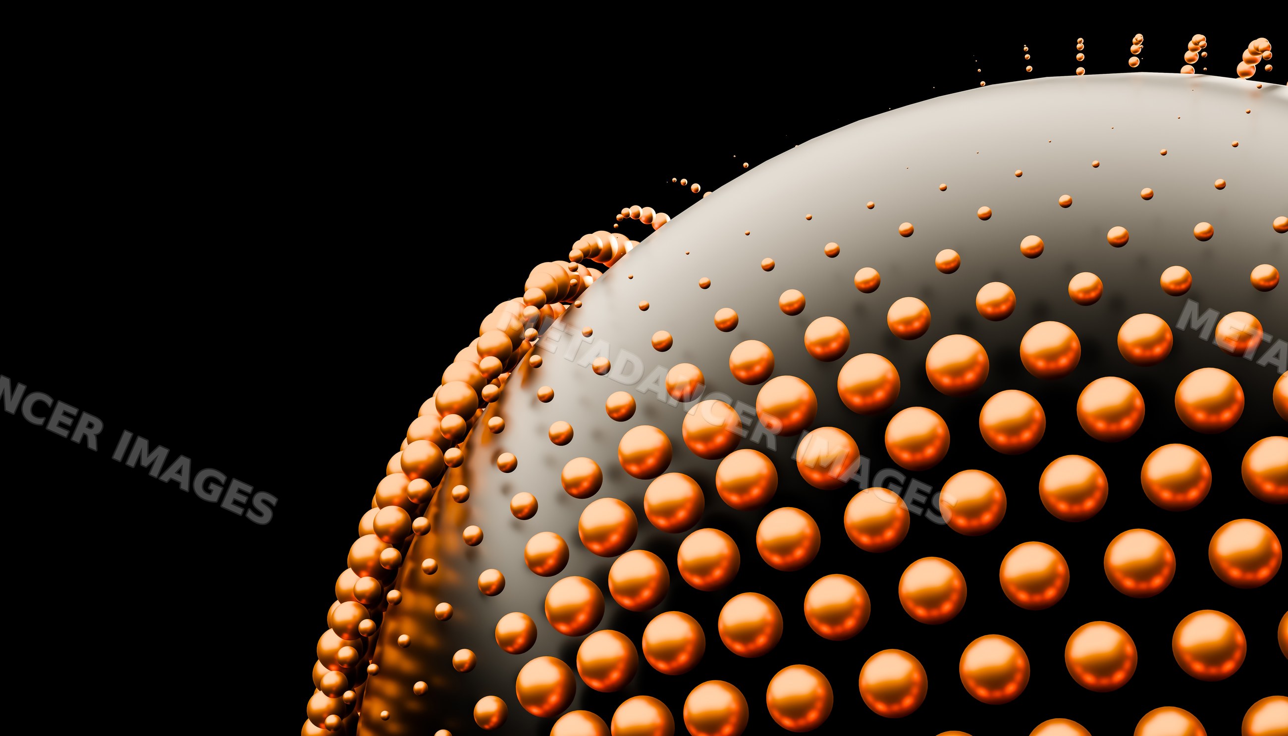Abstract 3d render of orange spheres on a black curved surface