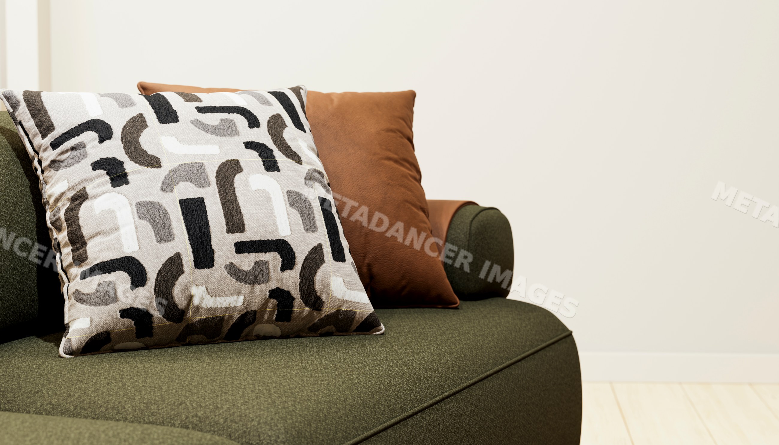 Decorative pillows on green modern sofa in living room