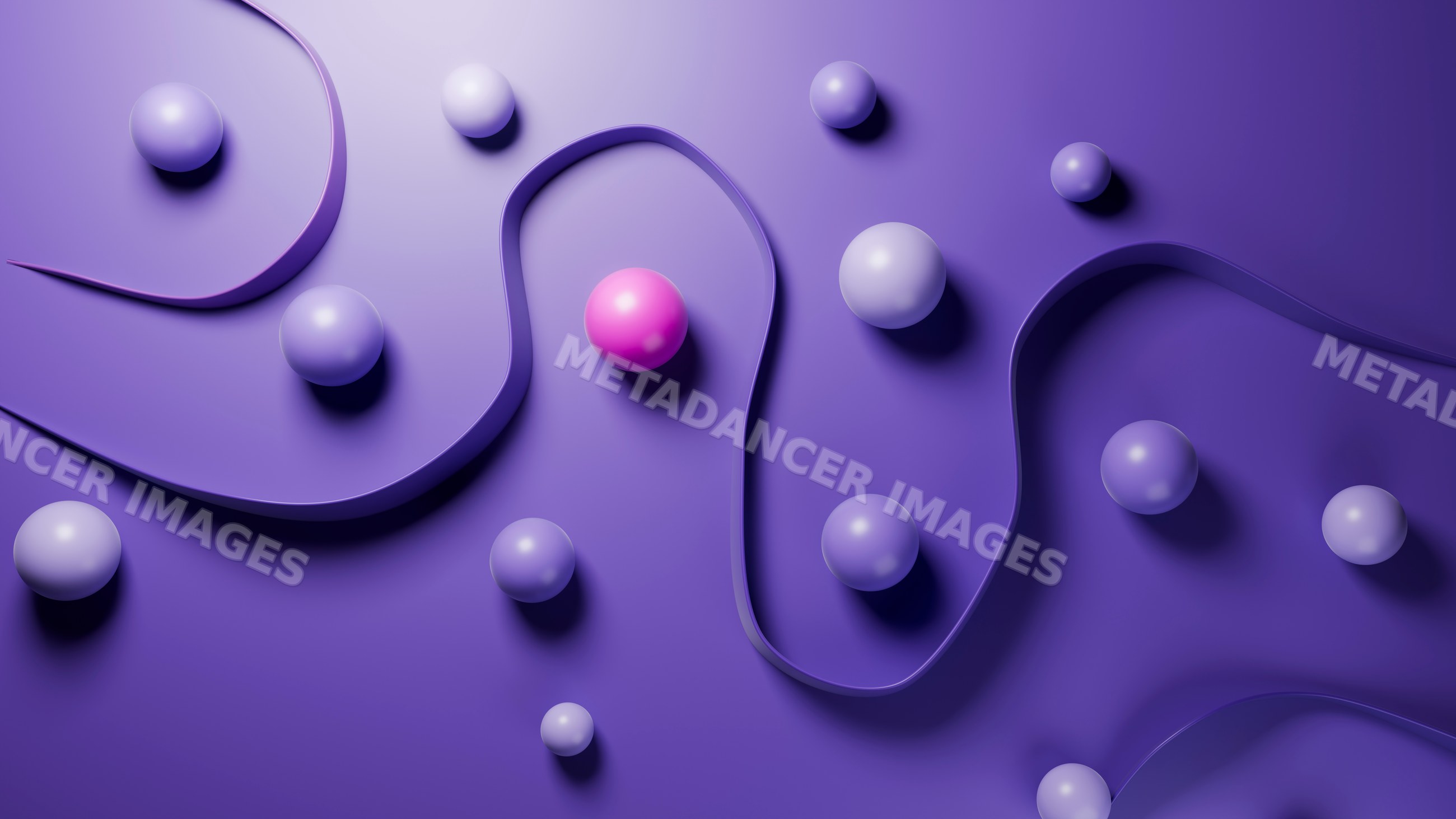 Digital illustration of purple and pink spheres with curved ribbons