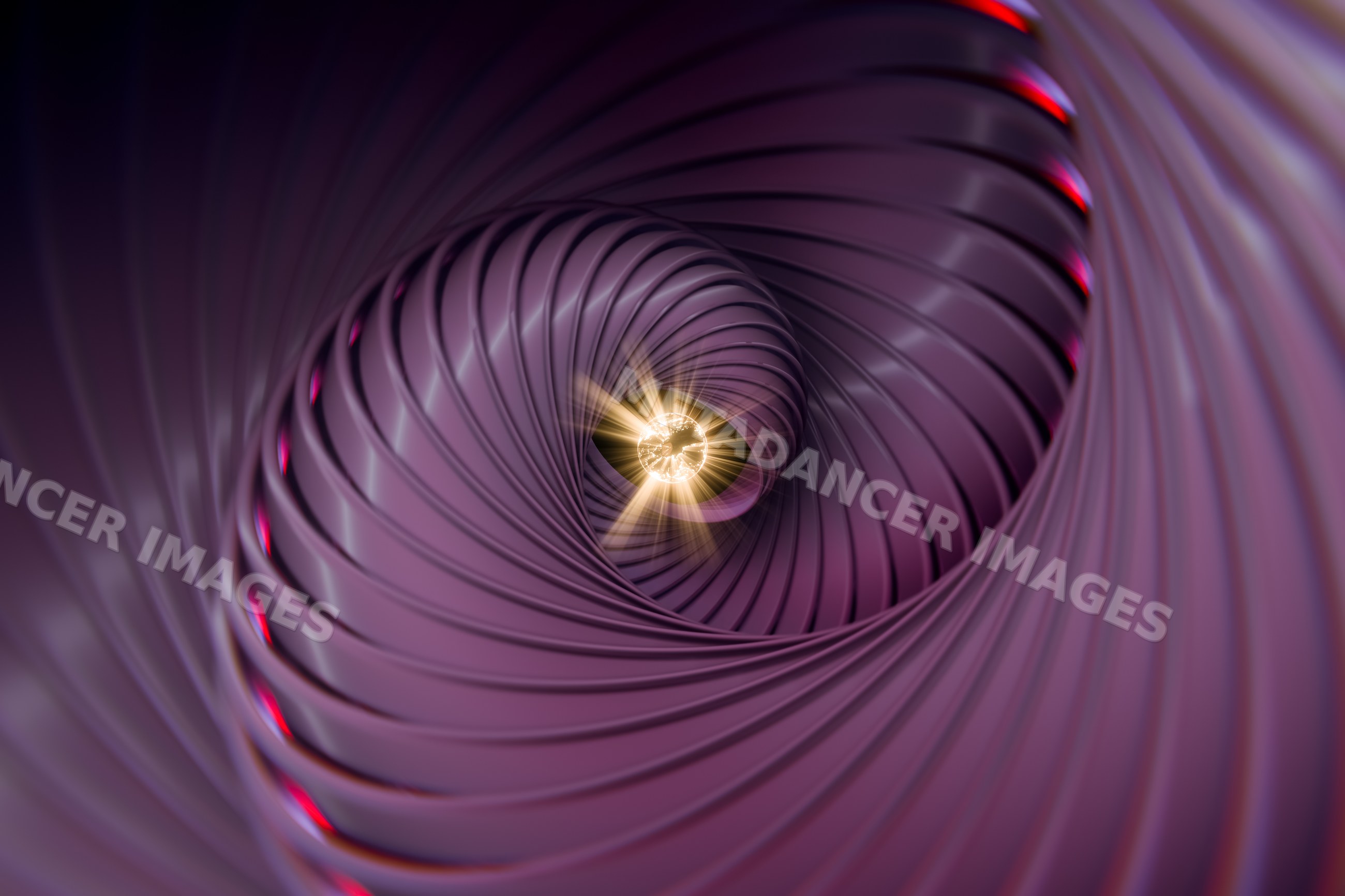 Abstract metallic purple spiral tunnel with glowing central sphere