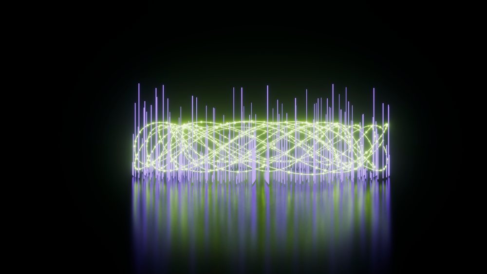 Abstract glowing green and purple light strands on black background