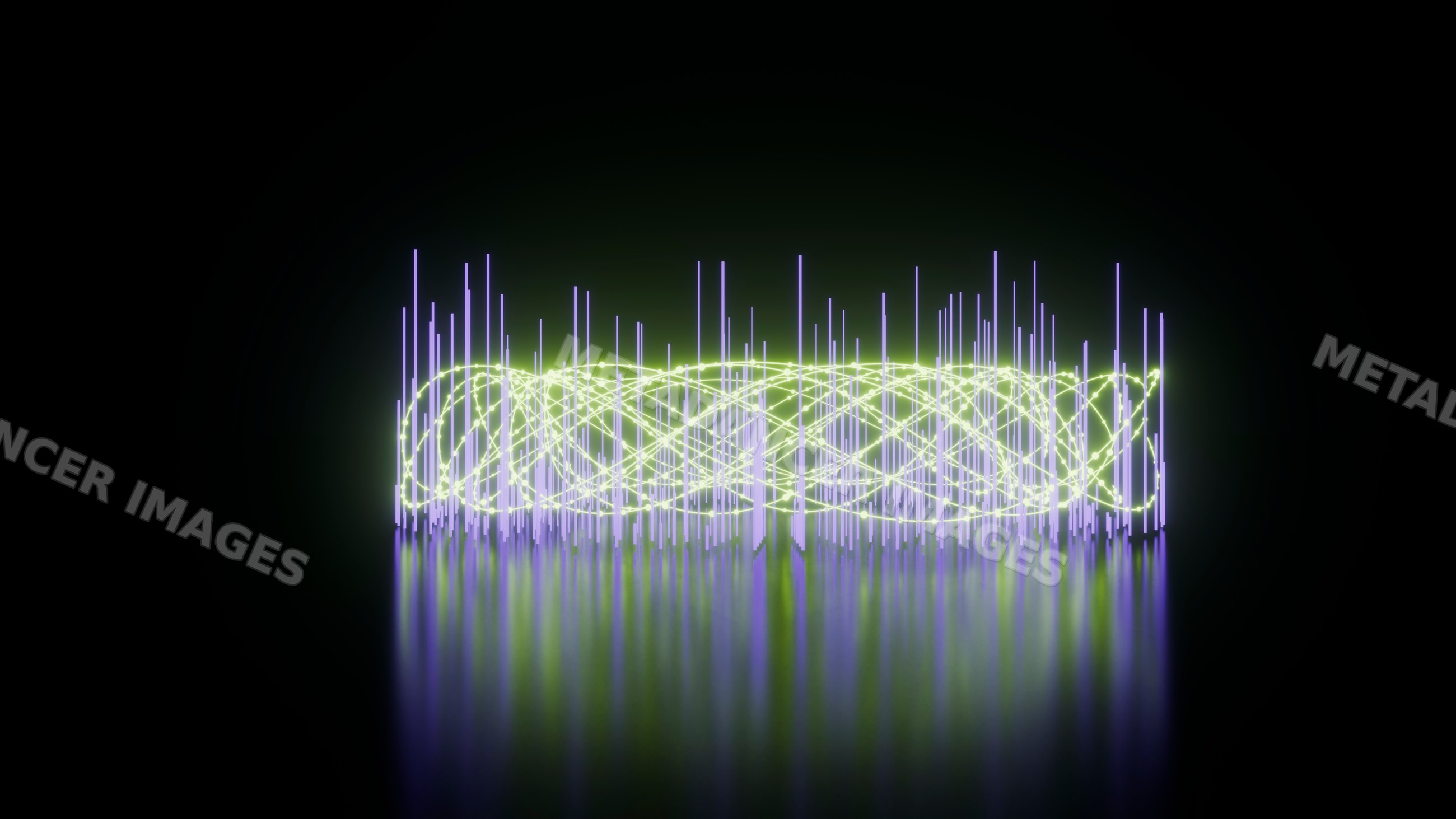 Abstract glowing green and purple light strands on black background