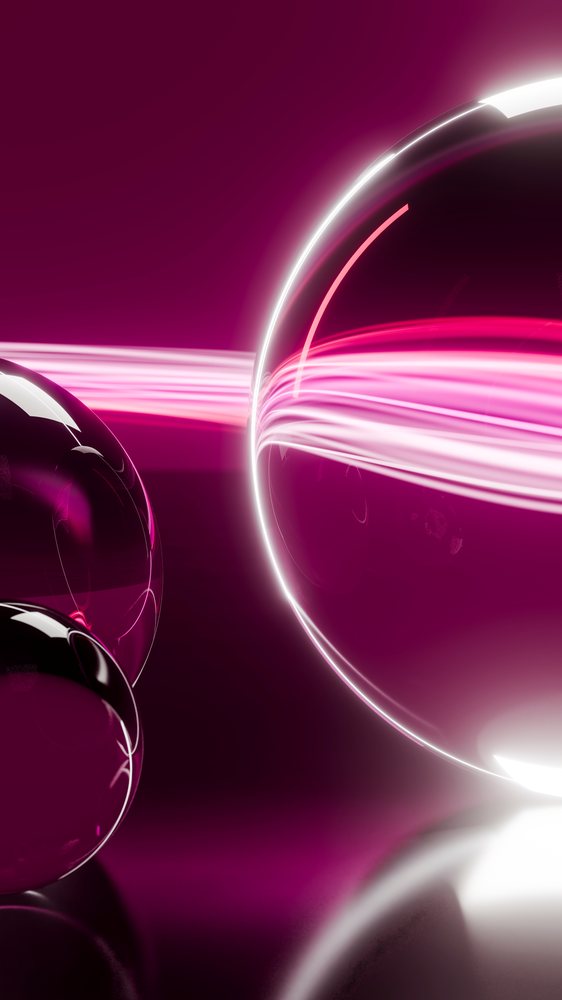 Abstract digital art with glowing pink light trails and glass spheres