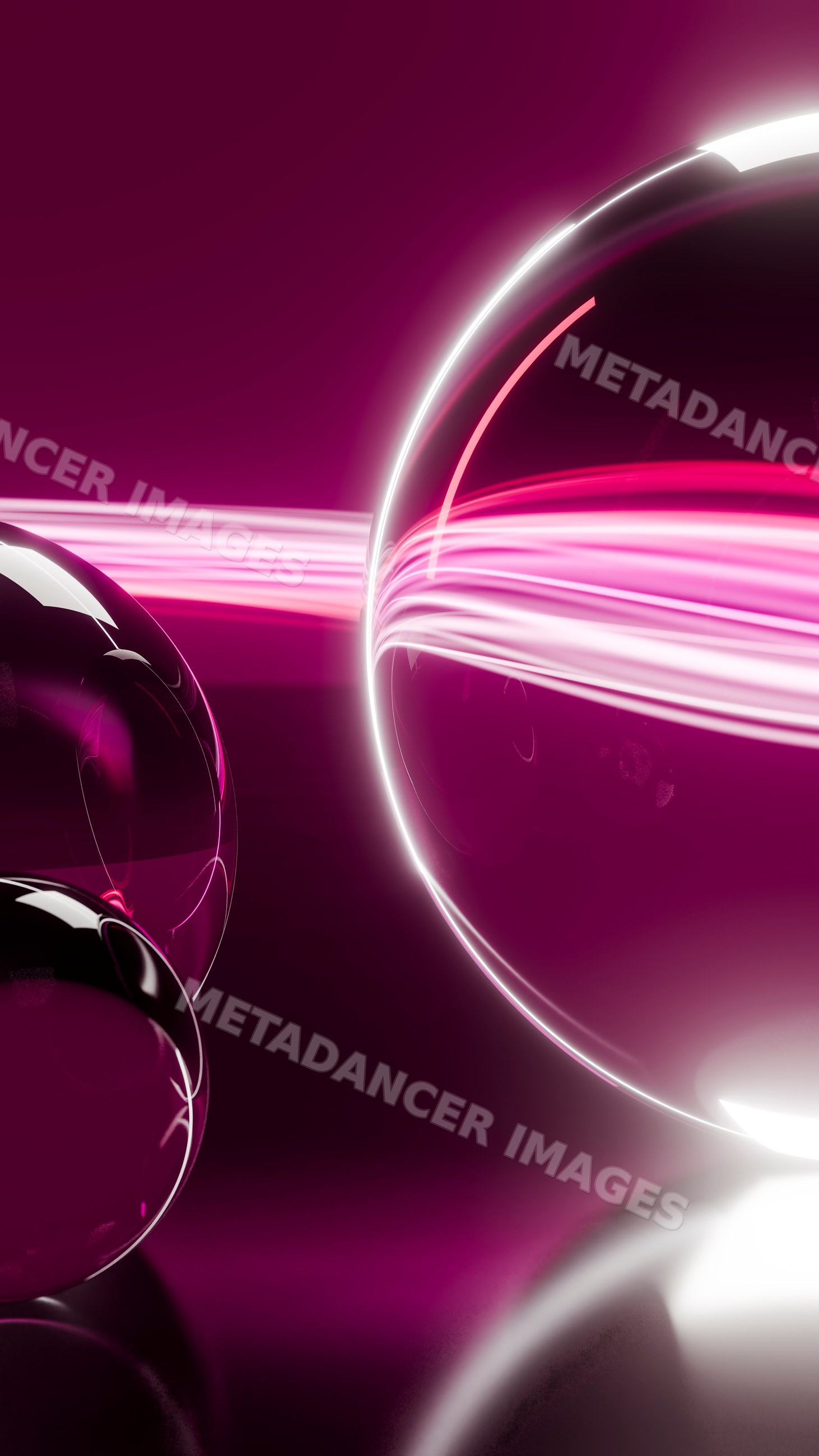 Abstract digital art with glowing pink light trails and glass spheres