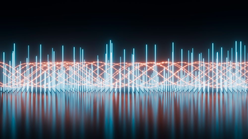 Digital 3d illustration of blue light bars with orange wave data