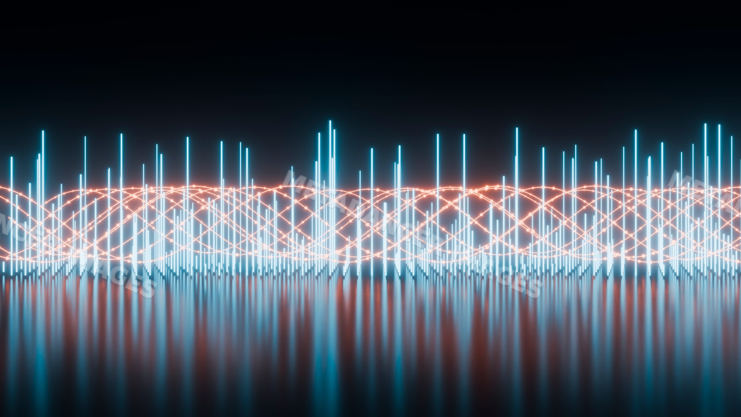 Digital 3d illustration of blue light bars with orange wave data