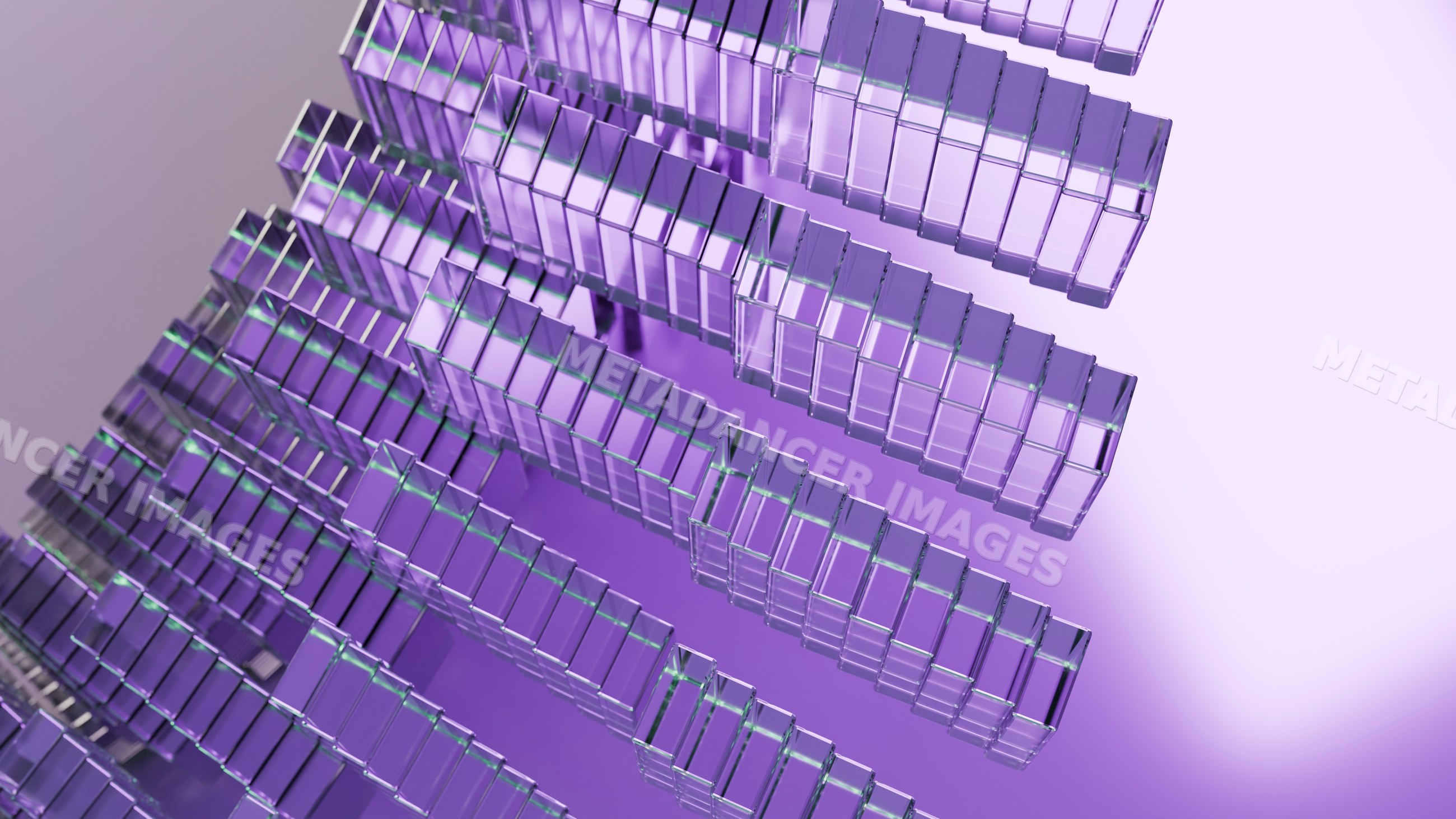Rows of transparent glass blocks arranged in abstract 3d composition