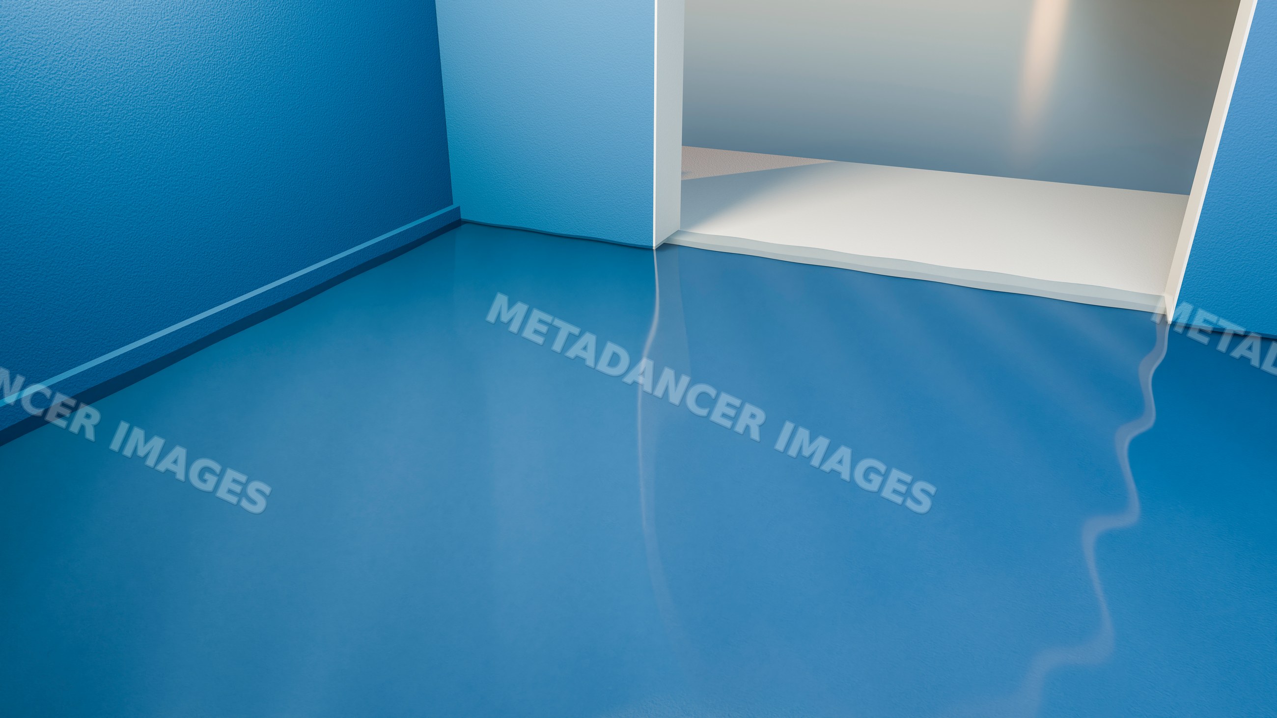 Blue shiny floor with white threshold in modern minimalist interior