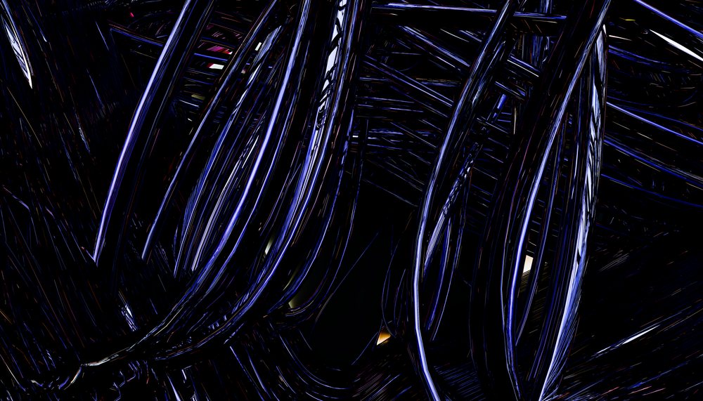Close-up of tangled Black wires with glossy surfaces on a dark