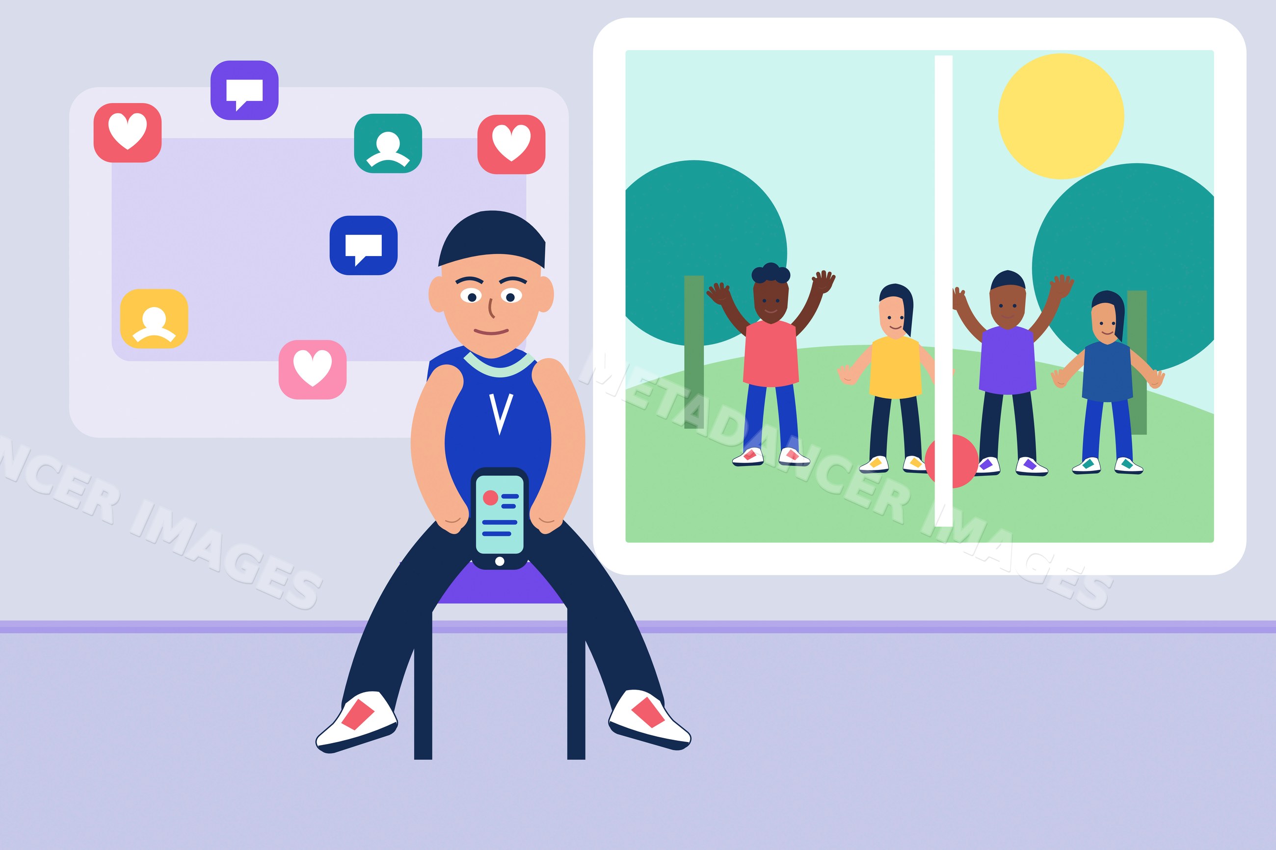 Boy using smartphone for social media with illustration of children
