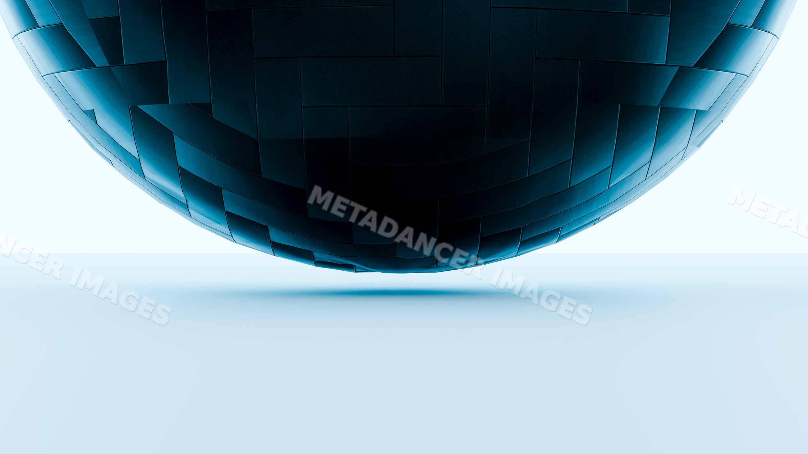 Blue metallic geometric sphere floating in minimalist digital art
