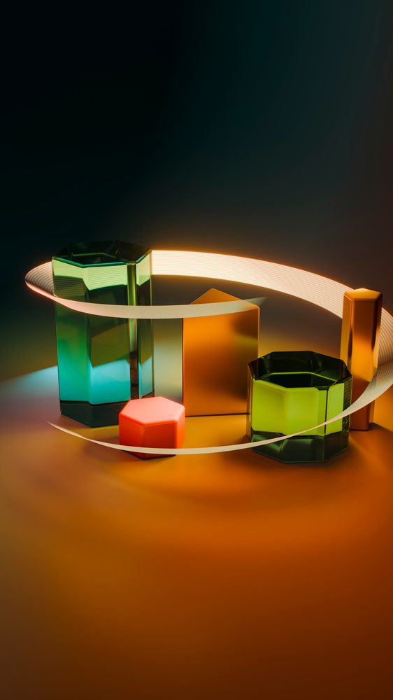 Abstract digital illustration of colorful glass geometric shapes