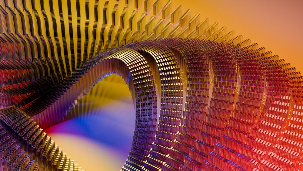 Abstract metal sculpture with curved geometric forms and vibrant
