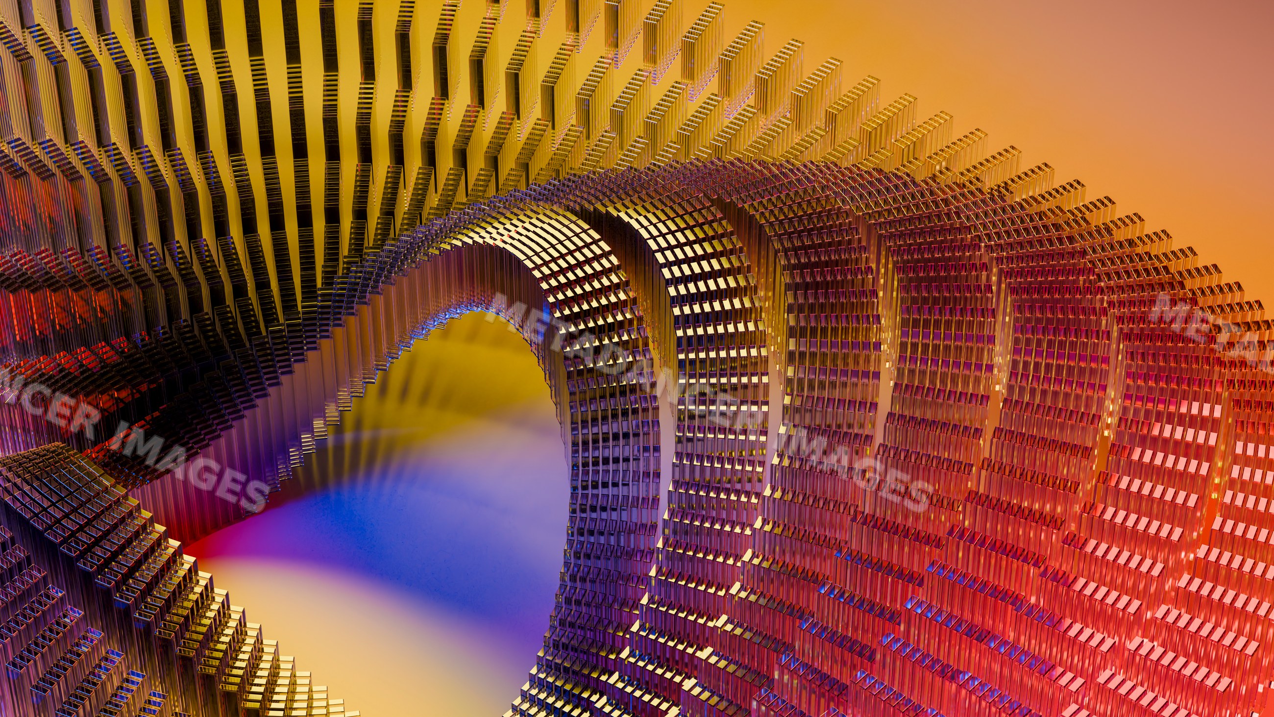 Abstract metal sculpture with curved geometric forms and vibrant