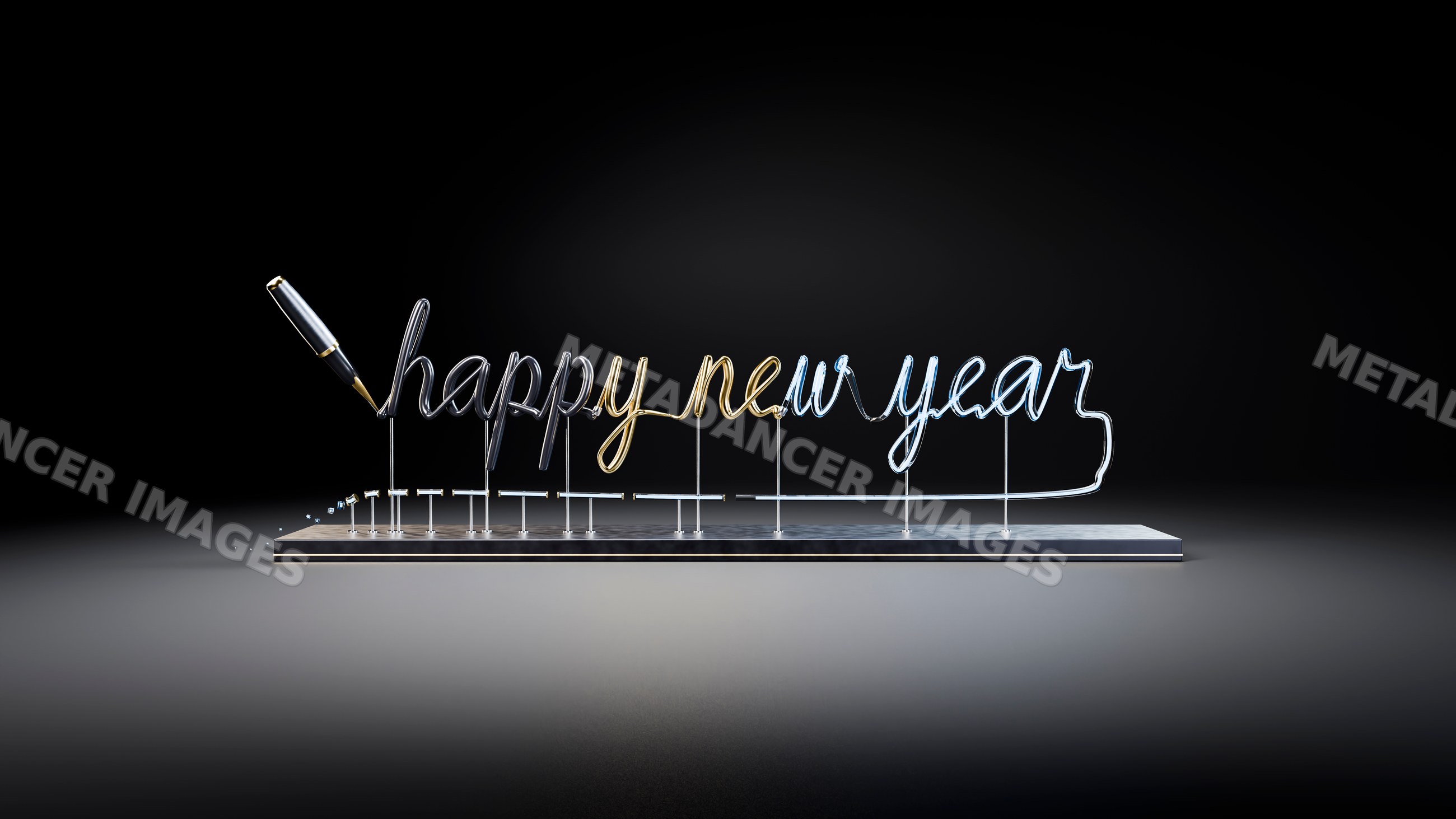 Metallic calligraphy sign saying happy new year on dark background