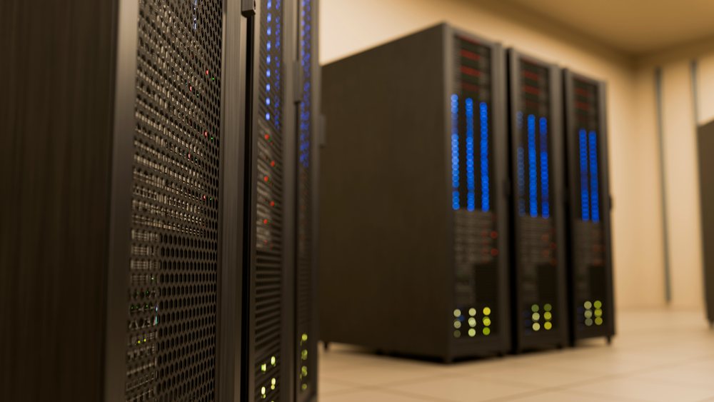 Server racks with digital indicators in a data center room
