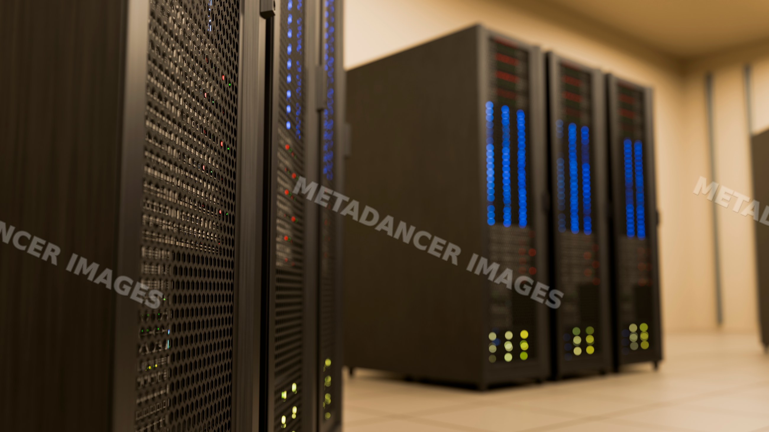Server racks with digital indicators in a data center room