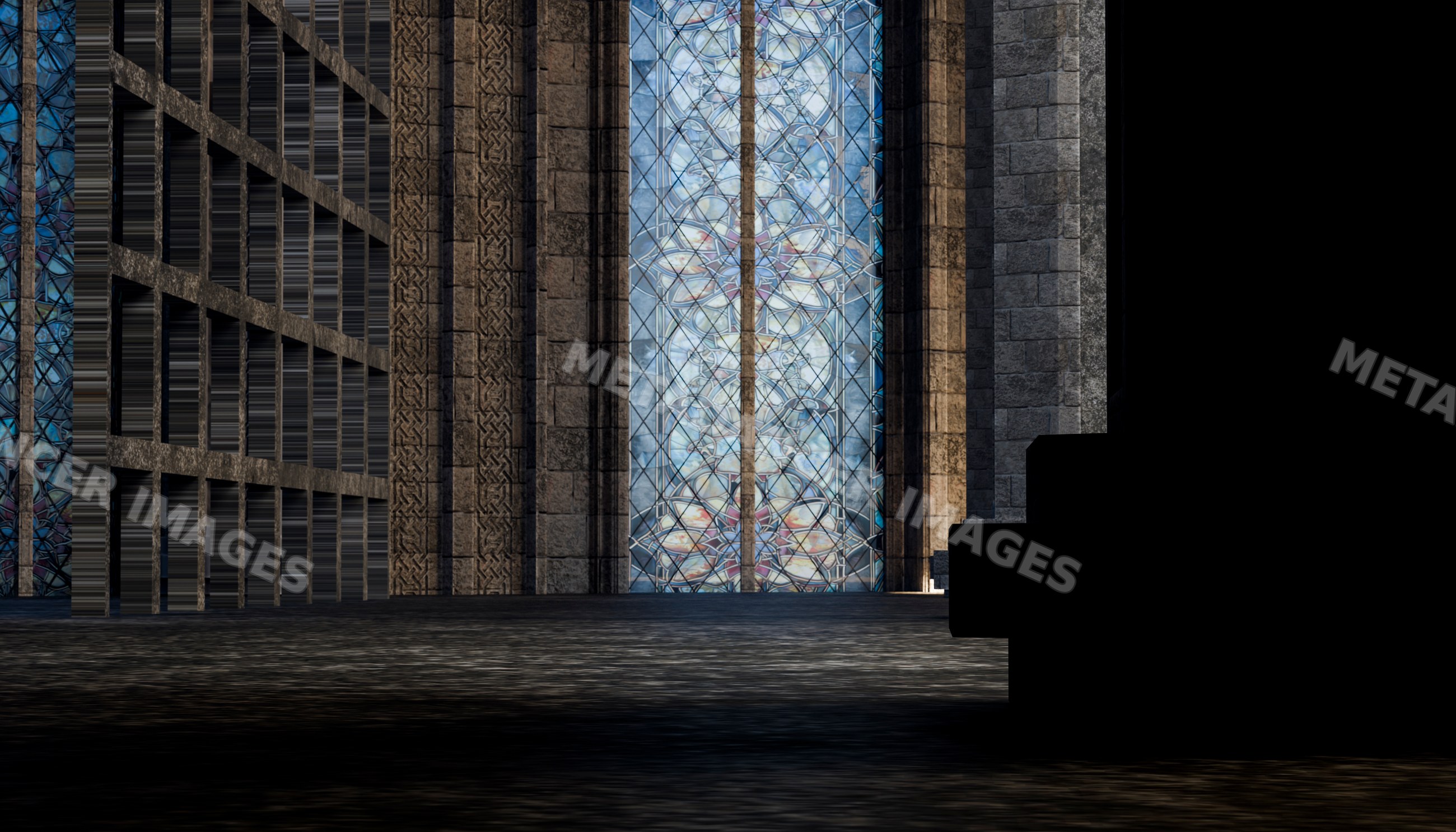 Interior of gothic architectural space with stained glass window