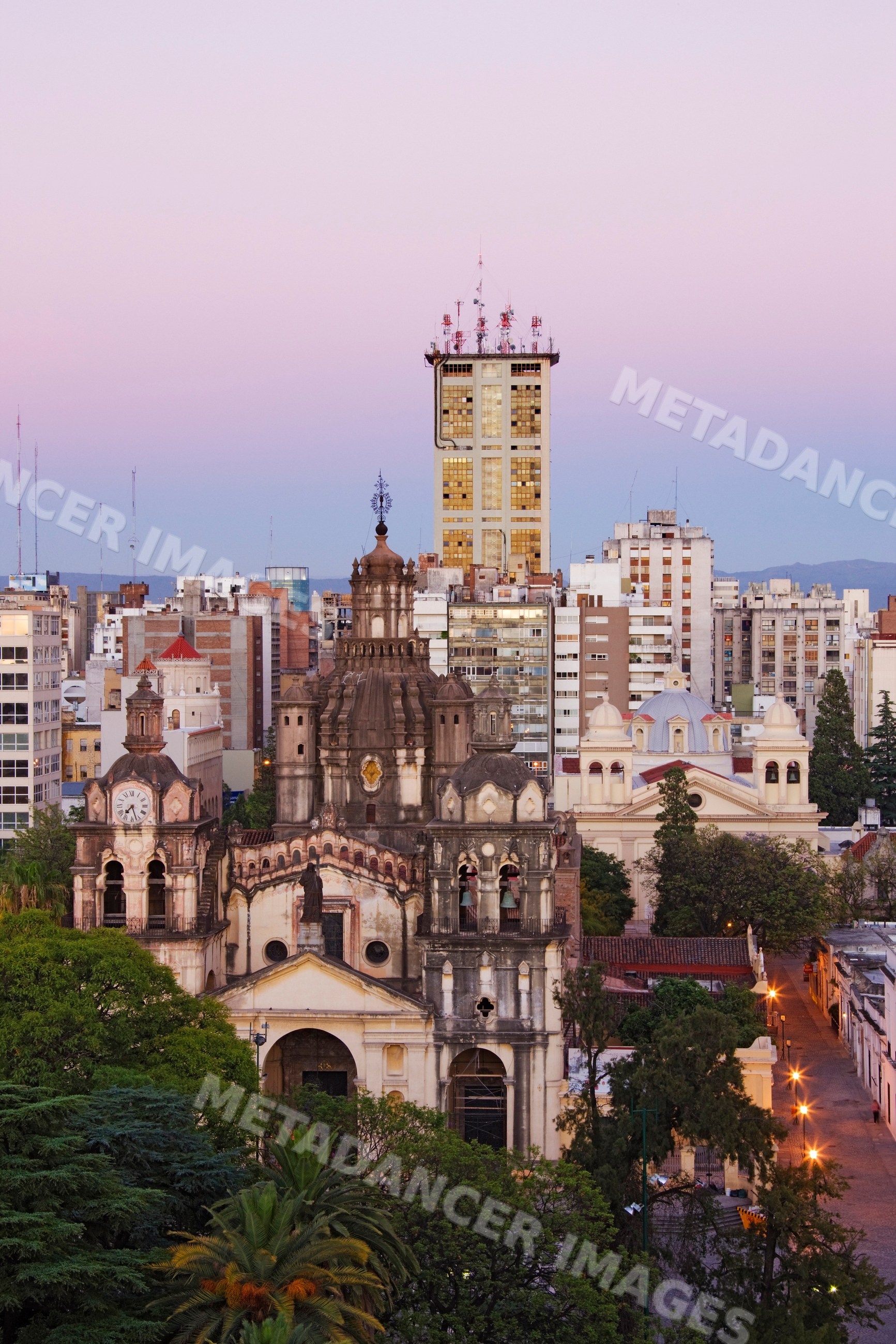 Cordoba cathedral in the urban skyline of cordoba argentina at dusk