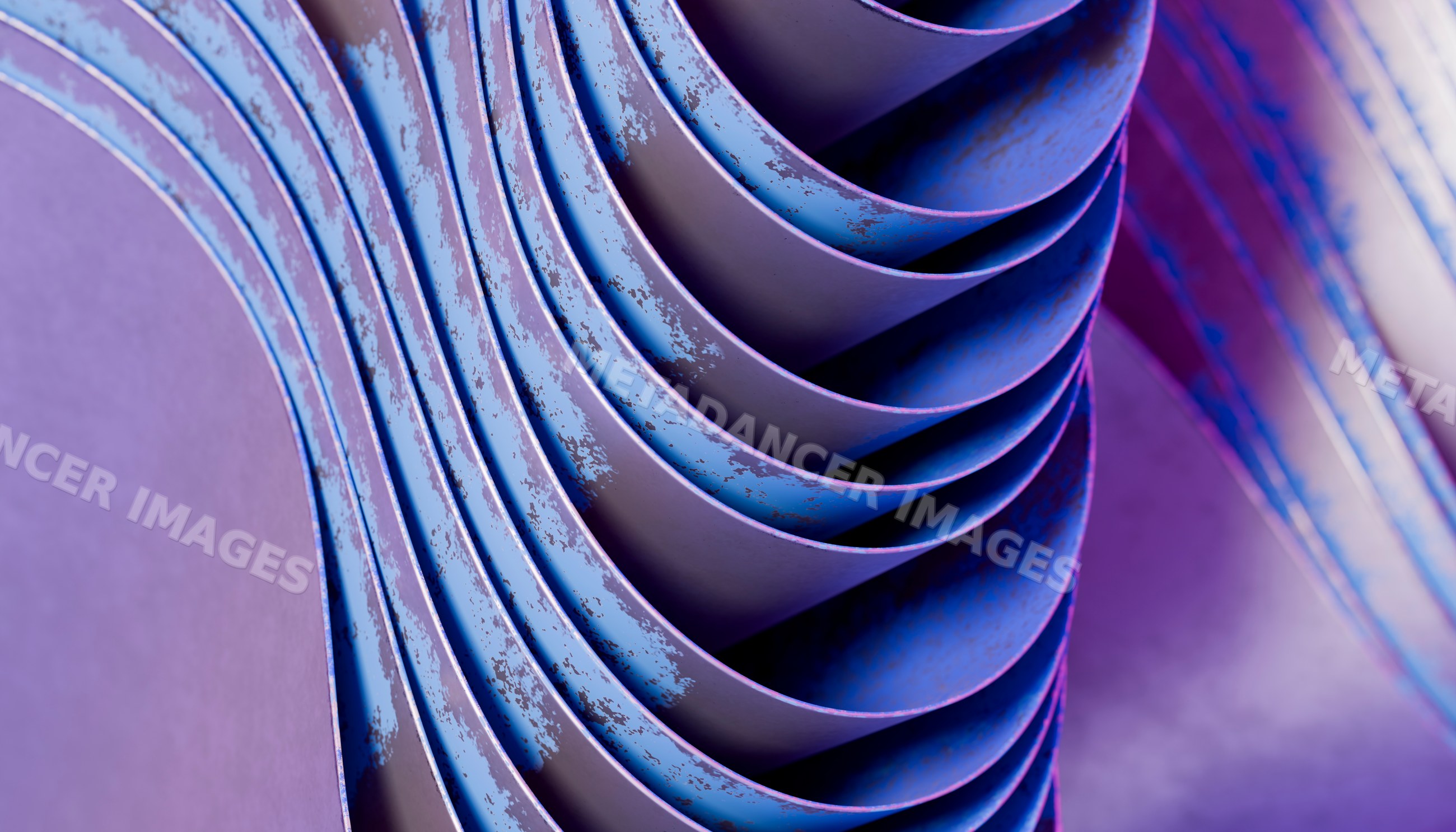 Curved sheets of rusty blue and purple metal with abstract pattern