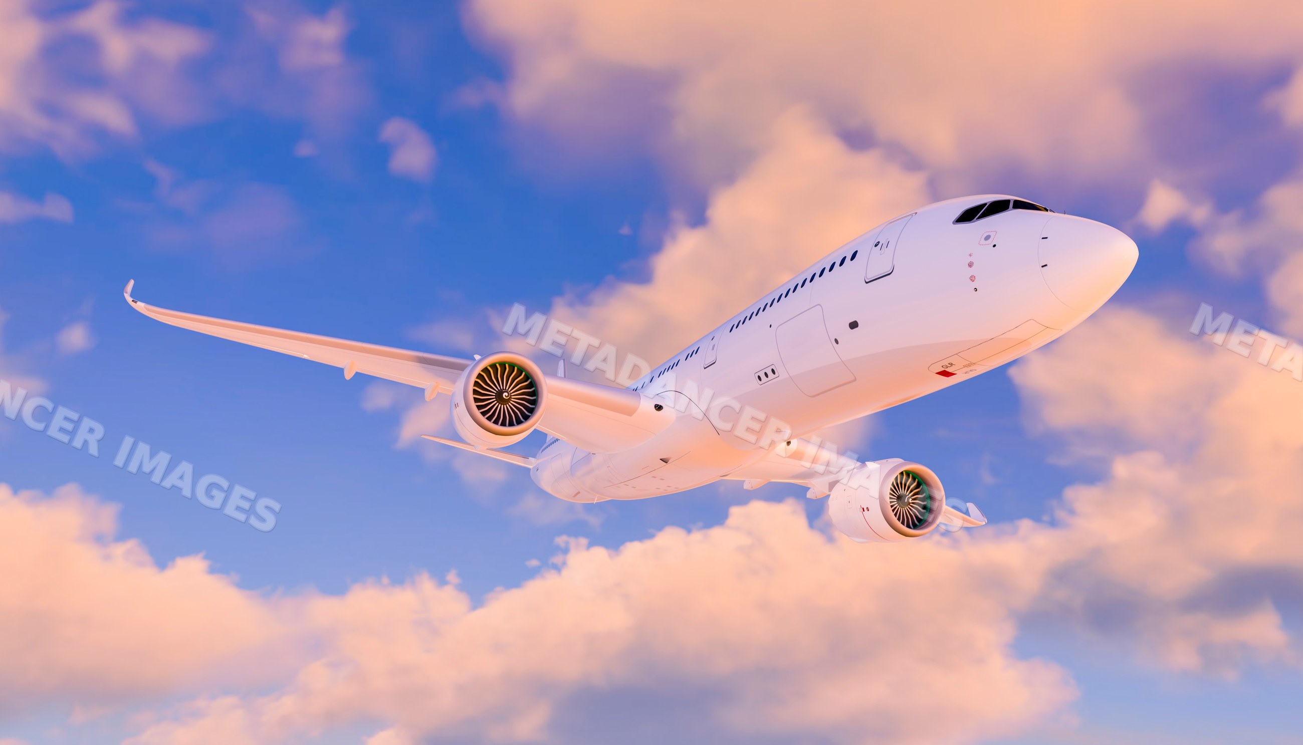 A commercial airplane flying through a blue sky with sunset clouds