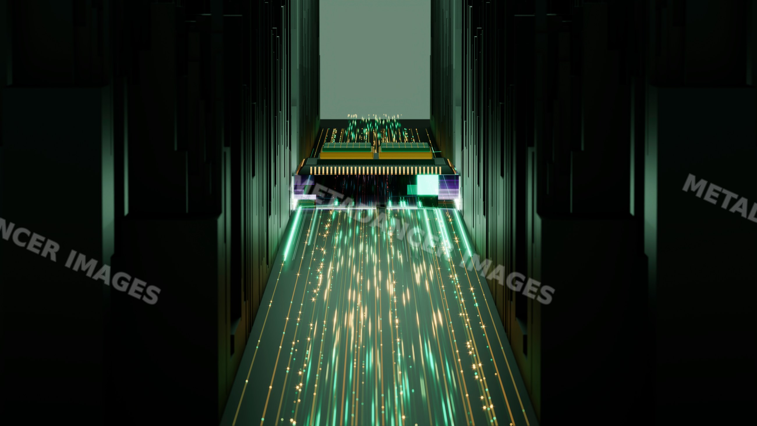 Computer chip processing glowing data streams inside circuit board