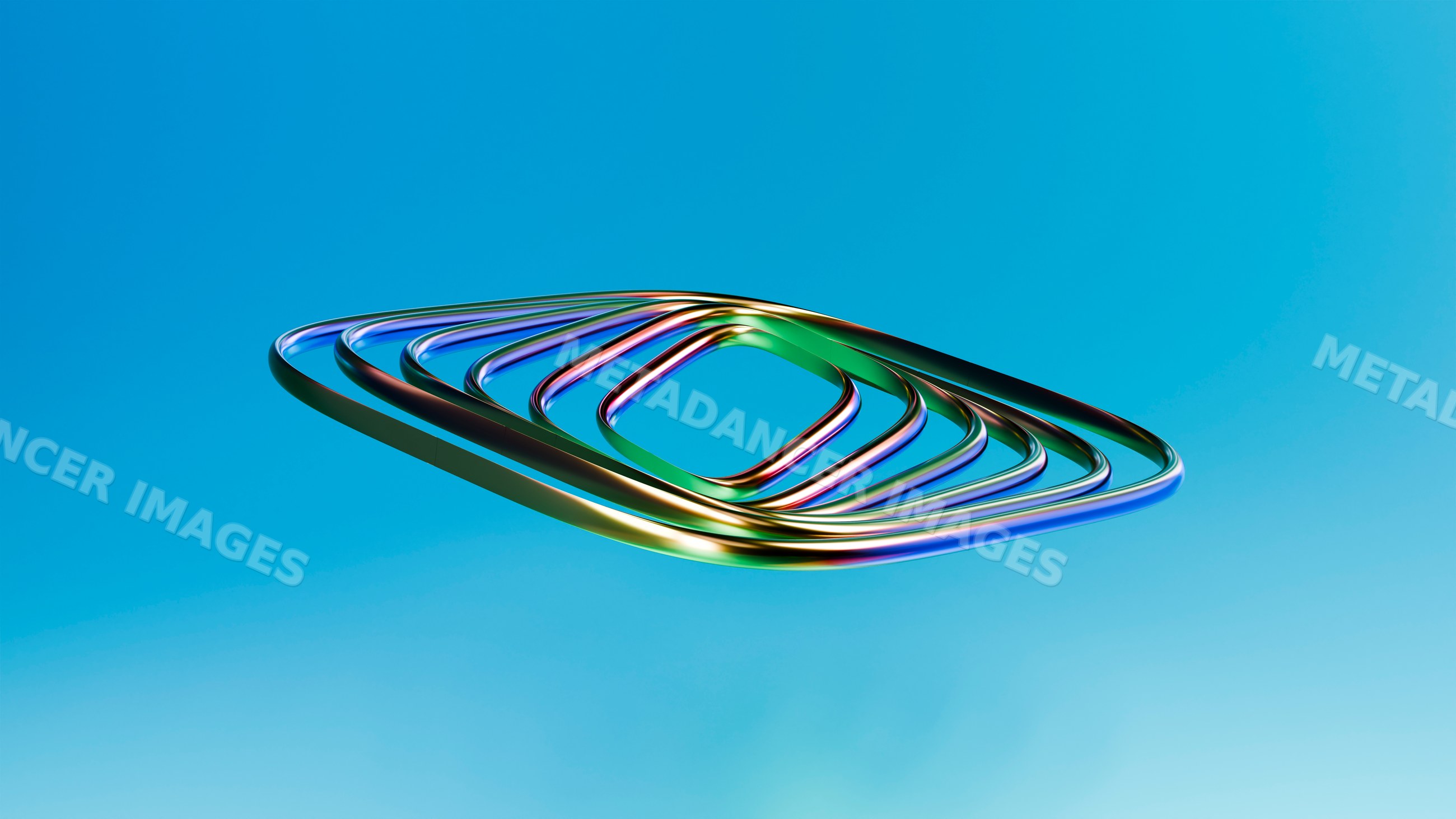 Colorful metallic abstract 3d shapes floating on blue background