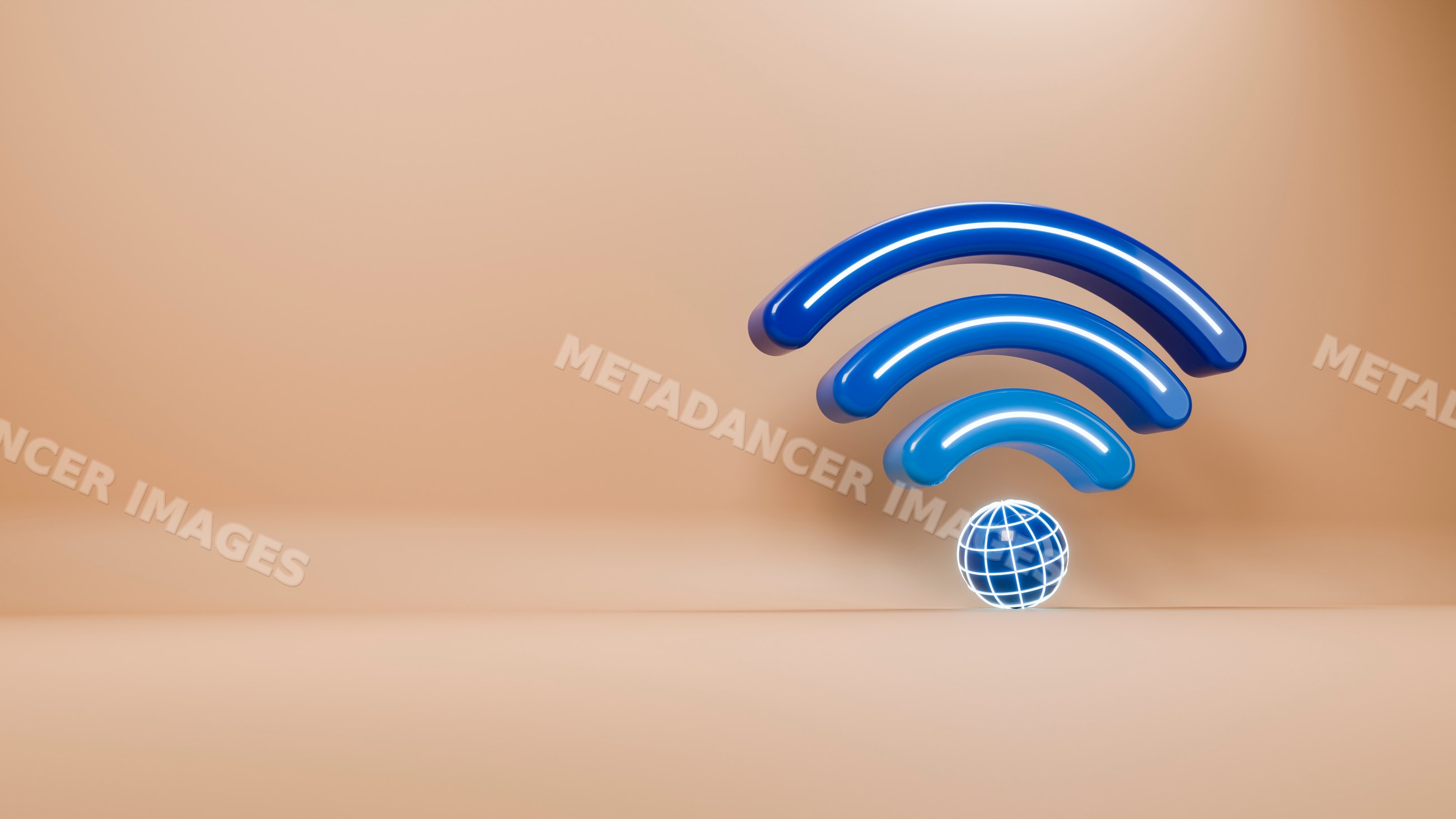 Blue wifi symbol with glowing globe icon in 3d illustration