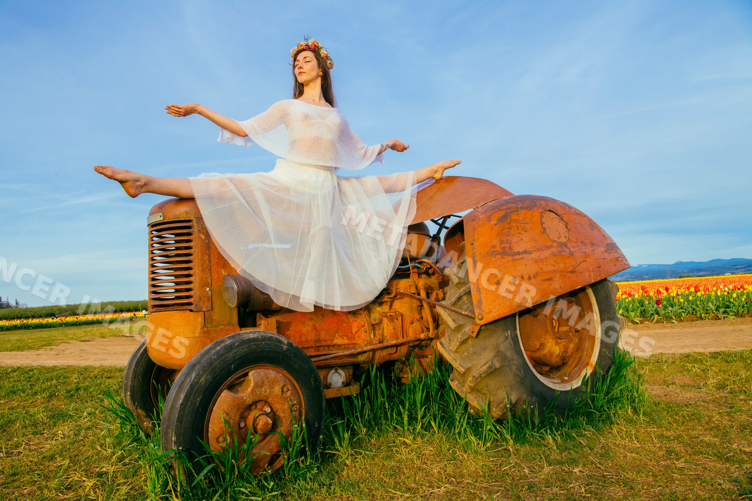 White woman doing ballet split on old rusty tractor in flower field