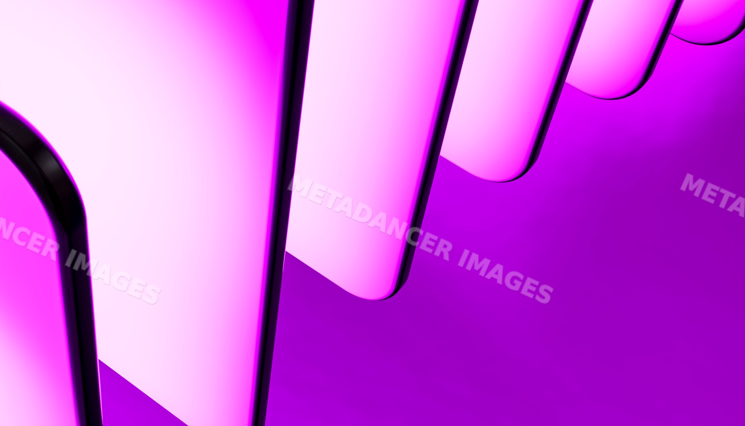 Multiple smartphones with glowing pink screens aligned vertically