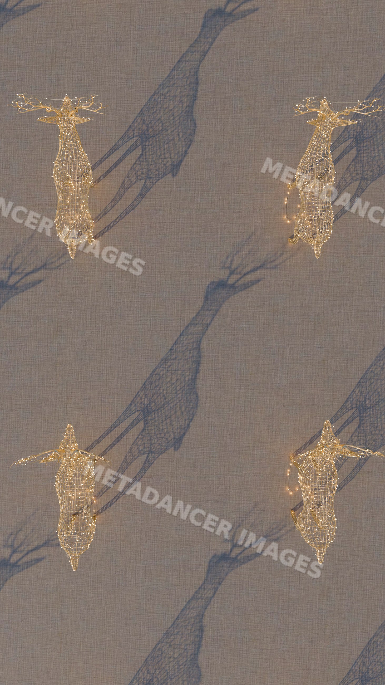 Wireframe reindeer sculptures with glowing lights and shadows