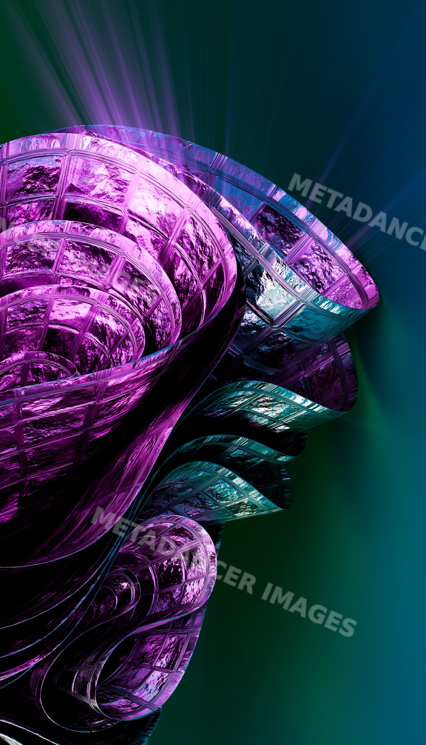 Abstract folded glass sculpture with textured purple and blue panels