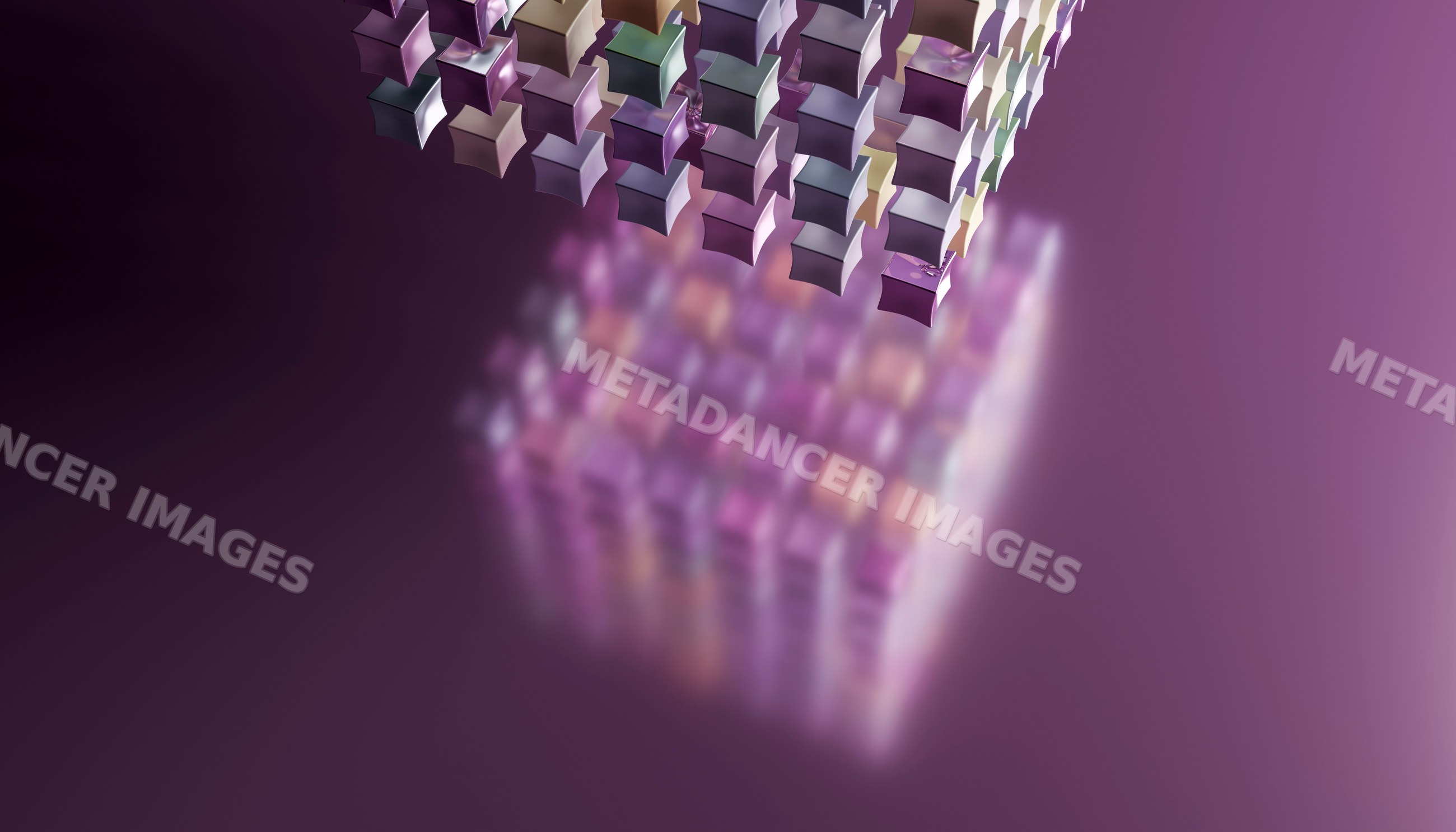 A 3d abstract purple cube made of modular blocks floating in space